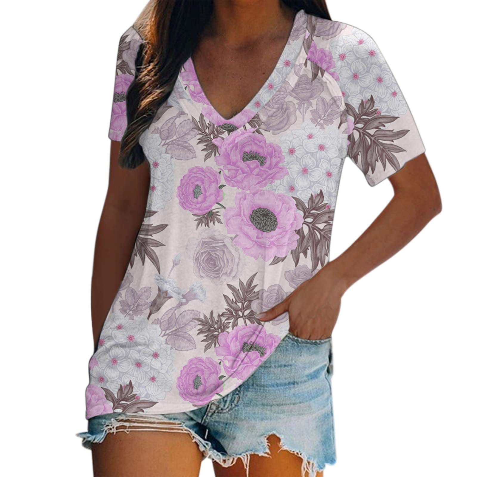 Women's Summer Floral V-Neck T-Shirts - Short Sleeve Blouse for Casual Wear, Beach Outfits & Vacation Style