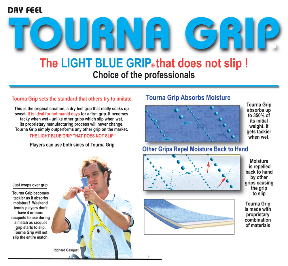 Tourna Grip Original Overgrips XL - 10 Pack (Blue) | Tennis & Racquet Sports Grip Tape | Non-Slip Sweat Absorption for Better Control | Perfect for Tennis, Badminton & Squash Players