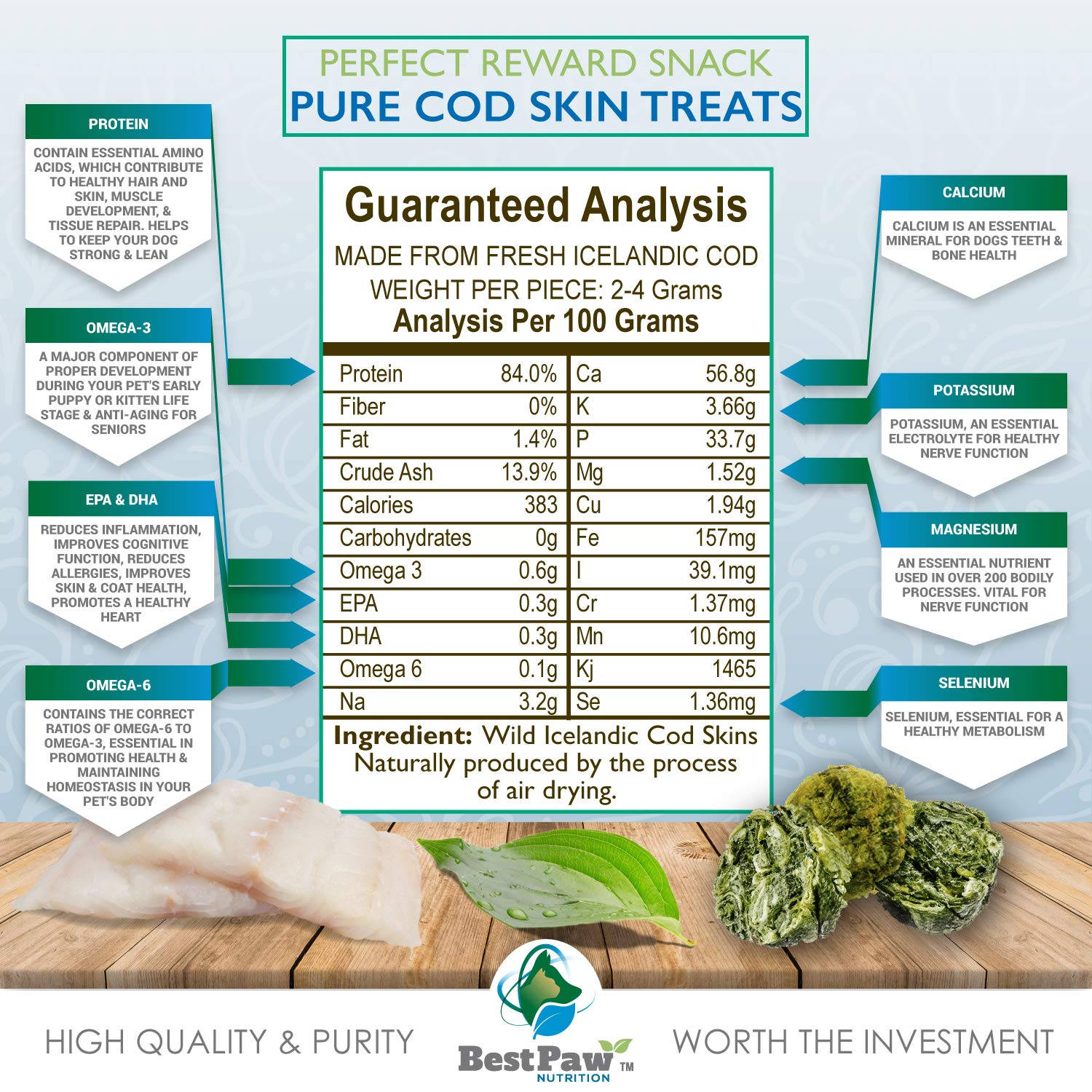 Premium Organic Wild Fish Dog Treats - Icelandic Pure Cod Skins & Lobster Kelp Protein Snacks | High in EPA & DHA for K9 Brain, Heart, Skin & Coat Health | Perfect Training Rewards & Dental Chews for Dogs