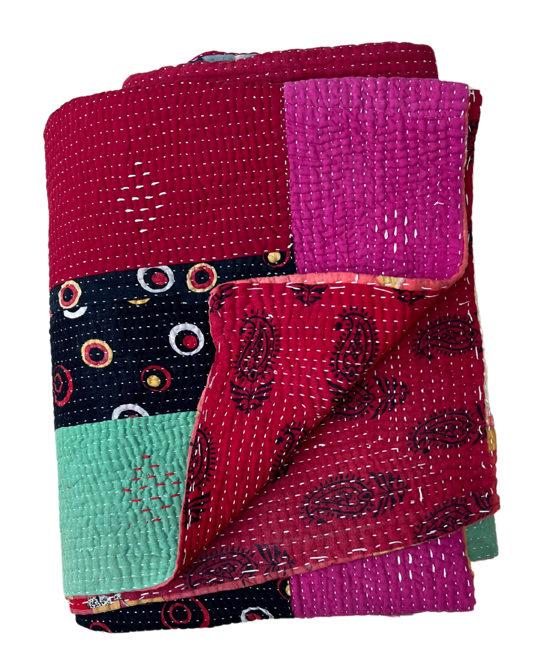 Handmade Patchwork Kantha Quilt No. 025 - Vintage Indian Cotton Bedspread, Lightweight Throw Blanket for Bed, Sofa & Home Decor - Perfect for Cozy Nights, Boho Chic Styling and Gift Giving