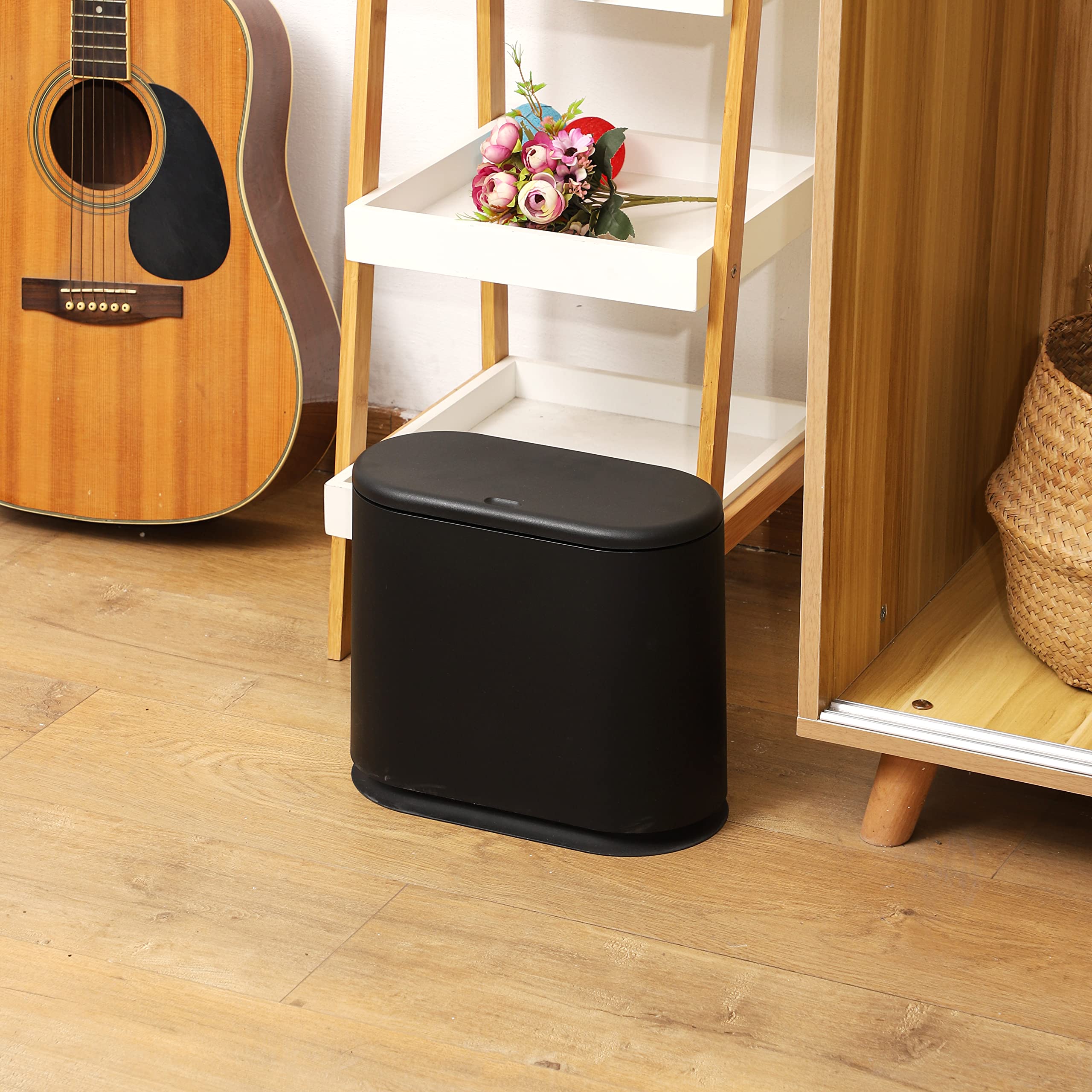 12L Press-Top Plastic Trash Can - 3.17 Gallon Narrow Bathroom Garbage Bin with Lid, Dog-Proof Design for Bedroom, Kitchen, Office & Dorm - Ideal for Small Spaces & Pet Owners (Black, Pack of 1)