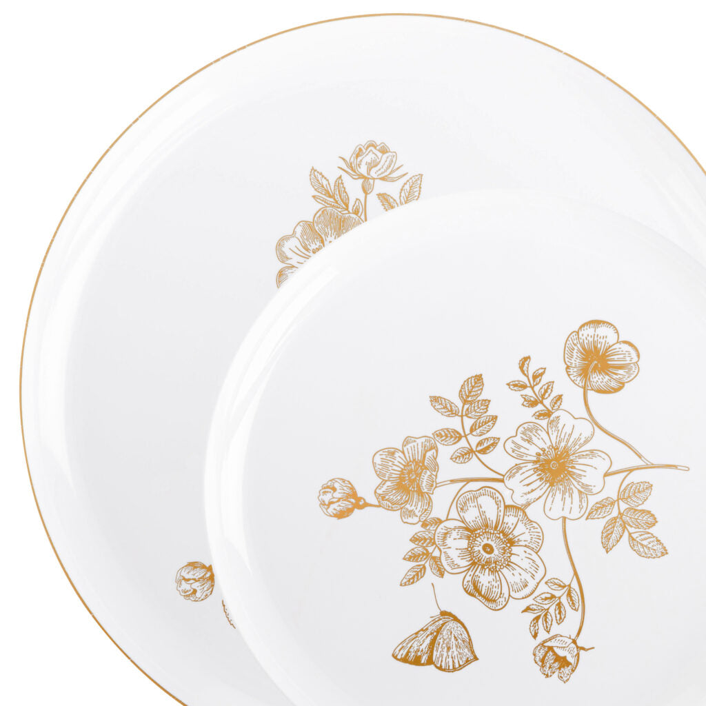 20-Pack White and Gold Round Plastic Dinnerware Set for 10 Guests - Elegant French Toile Design - Perfect for Weddings, Parties, and Outdoor Dining