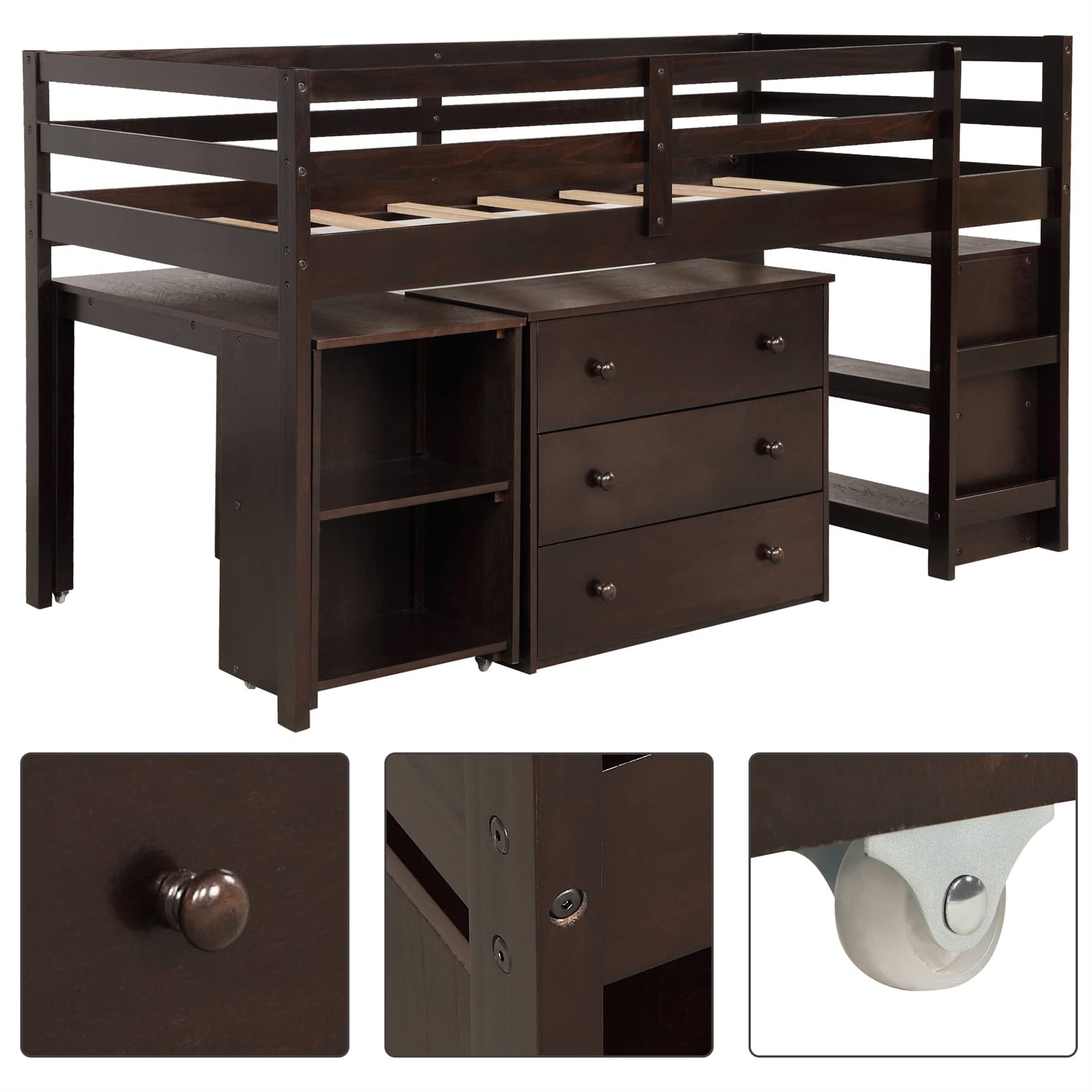 Low Loft Bed Frame with Storage Cabinet & Rolling Desk for Kids & Teens - Twin Size, Espresso Wood - Perfect for Small Bedrooms, Dorm Rooms & Space-Saving Kids' Rooms