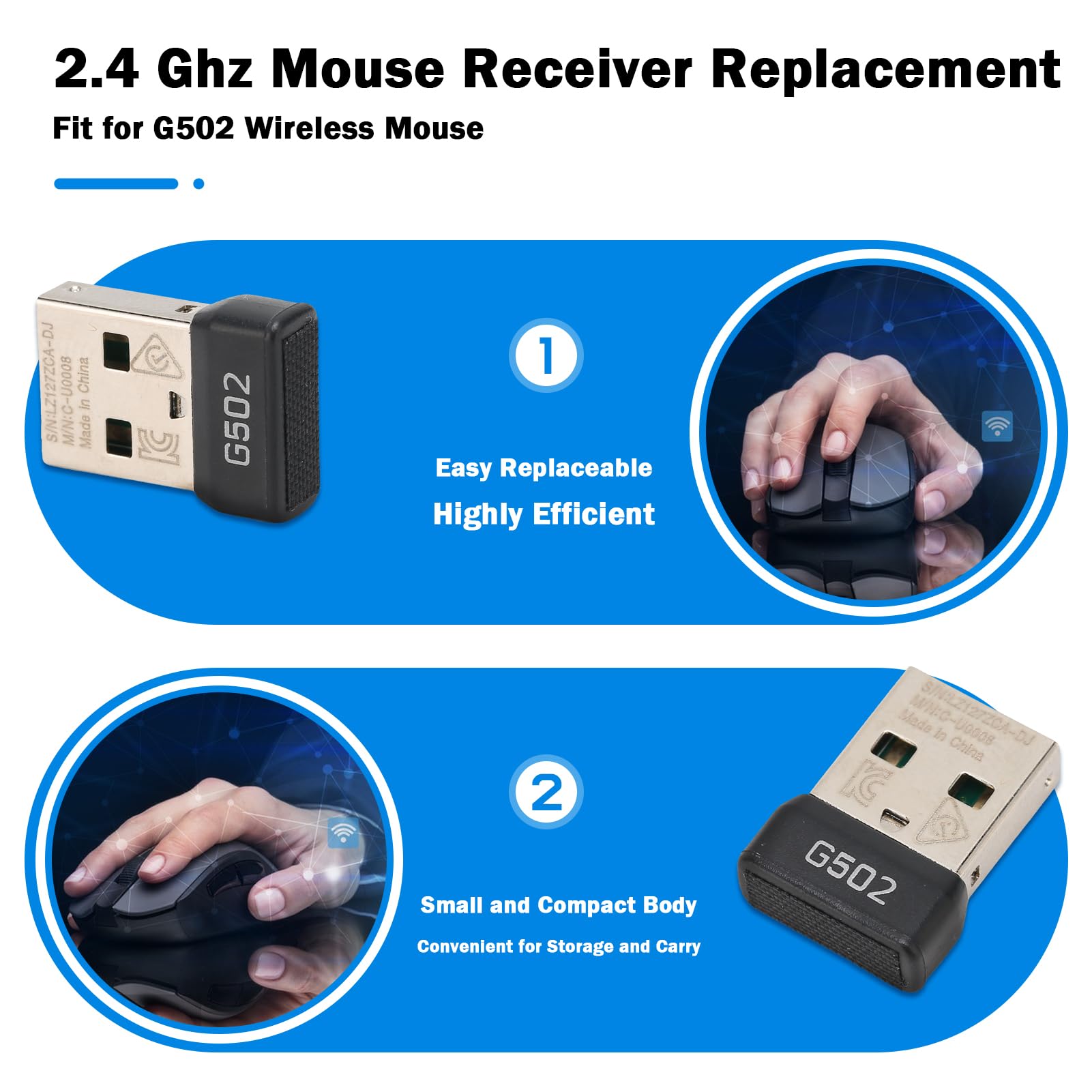 2.4G USB Wireless Mouse Receiver for Logitech G502 Lightspeed - Mini Portable USB Dongle Adapter with Stable Signal & Plug and Play - Perfect for Gaming, Office & Travel Use