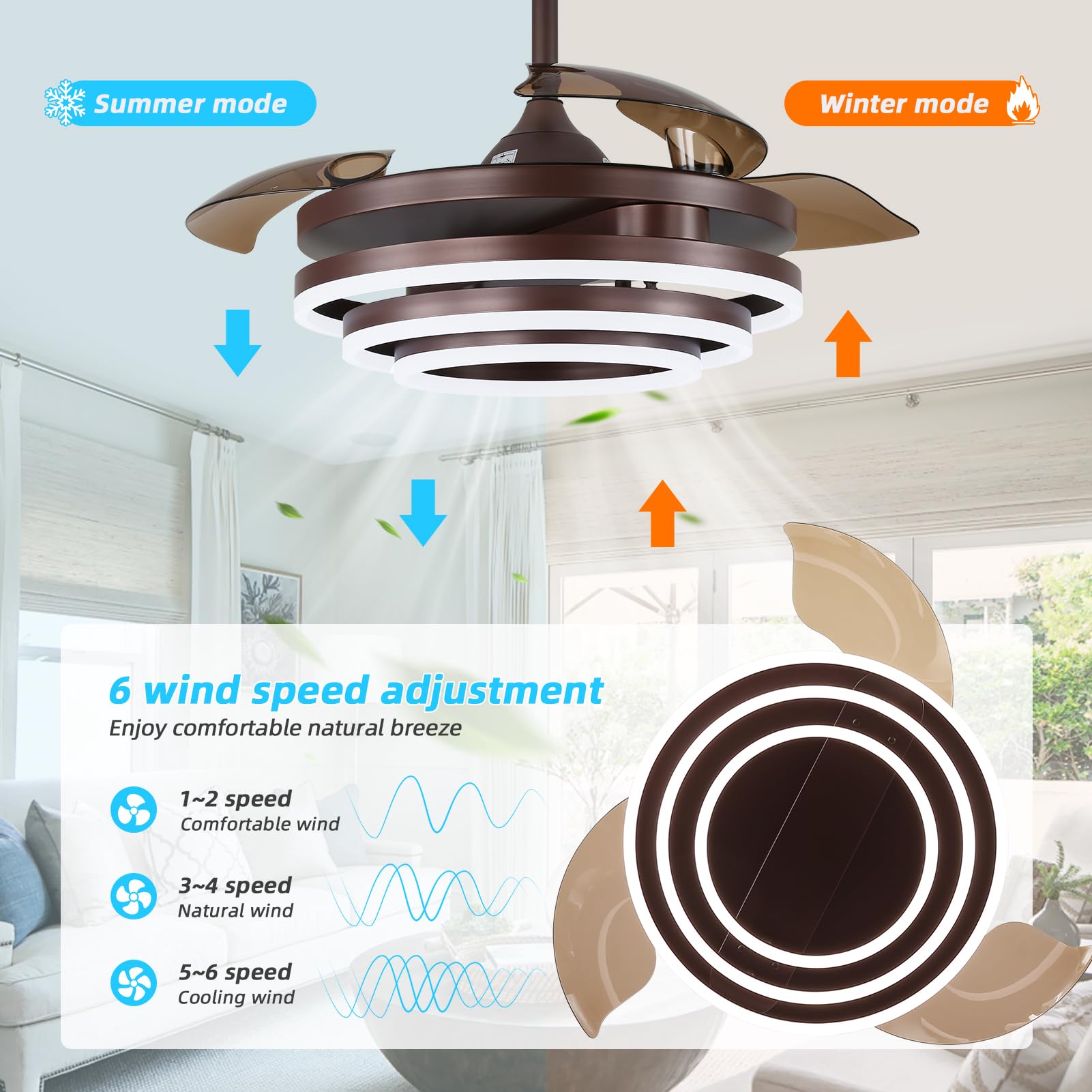 42 Inch Retractable Ceiling Fan with Light - Dimmable Fandelier, Silent DC Motor, 6 Speed Settings, Brown Chandelier Style - Perfect for Bedroom, Living Room, Kitchen, Kids Room & Patio | Energy-Efficient Home Cooling & Decorative Lighting Solution