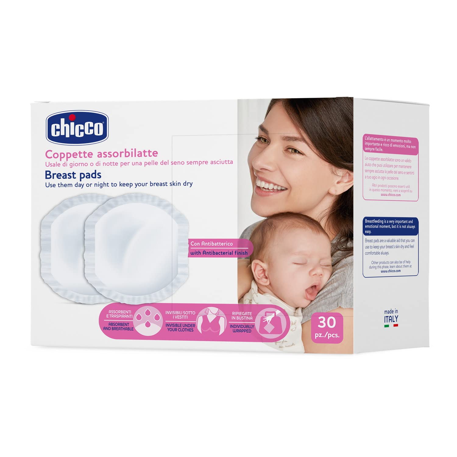 Chicco Anti-Bacterial Nursing Breast Pads - 30 Count Ultra Thin & Breathable for Maximum Comfort | Super Absorbent Leakproof Protection | Hypoallergenic & Dermatologist Tested | Discreet & Invisible Under Clothing | Perfect for Breastfeeding Moms at Work or On-the-Go