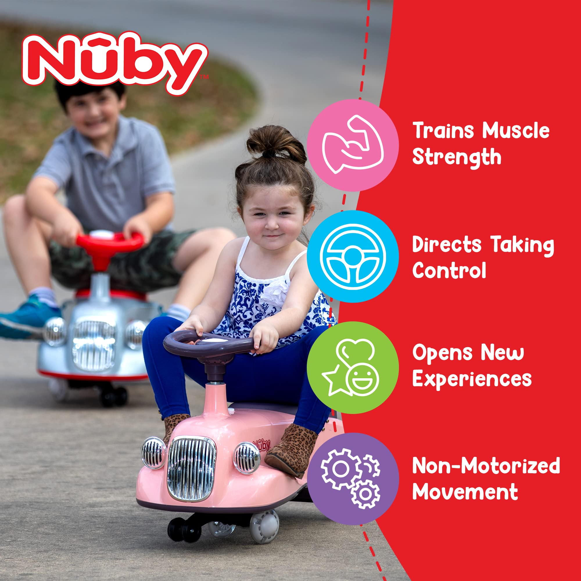 **Nuby Twist N Ride Classic Ride-On Car for Toddlers - Interactive Light-Up Scooter with Realistic Front & Back Lights & Music - Fun Riding Toy for Kids Ages 3+ (Red & Grey) - Perfect for Indoor Play, Outdoor Adventures & Birthday Gifts**