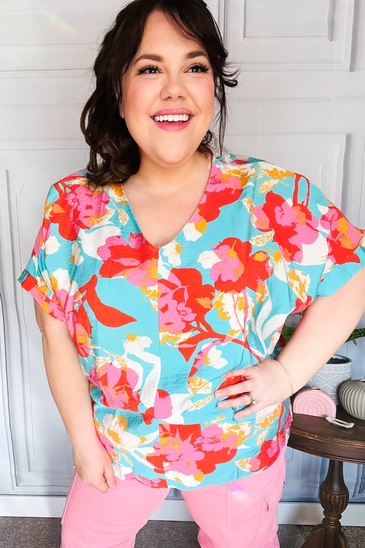 Stylish Aqua & Coral Floral Print V-Neck Woven Blouse for Women | Summer Casual & Beach Outfit | Perfect for Vacations, Dates, and Outdoor Events