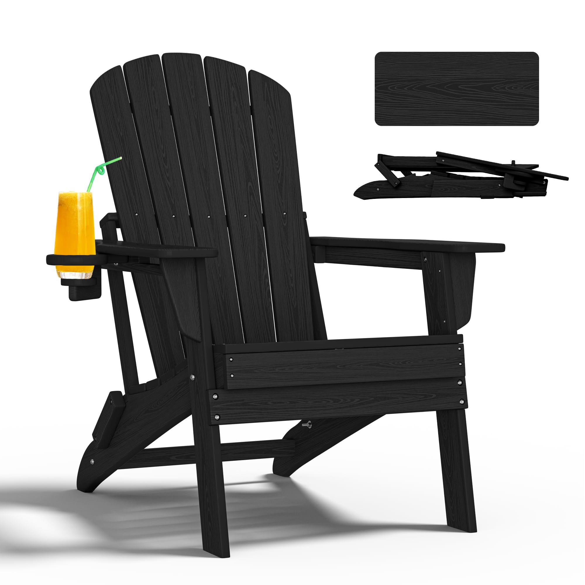 Premium Folding Adirondack Chair with Ergonomic Backrest - Heavy Duty 400lbs Capacity All-Weather HDPE Material - Low Maintenance Outdoor Patio Furniture with Cup Holder (Black) - Perfect for Backyard, Garden, Poolside & Camping Relaxation