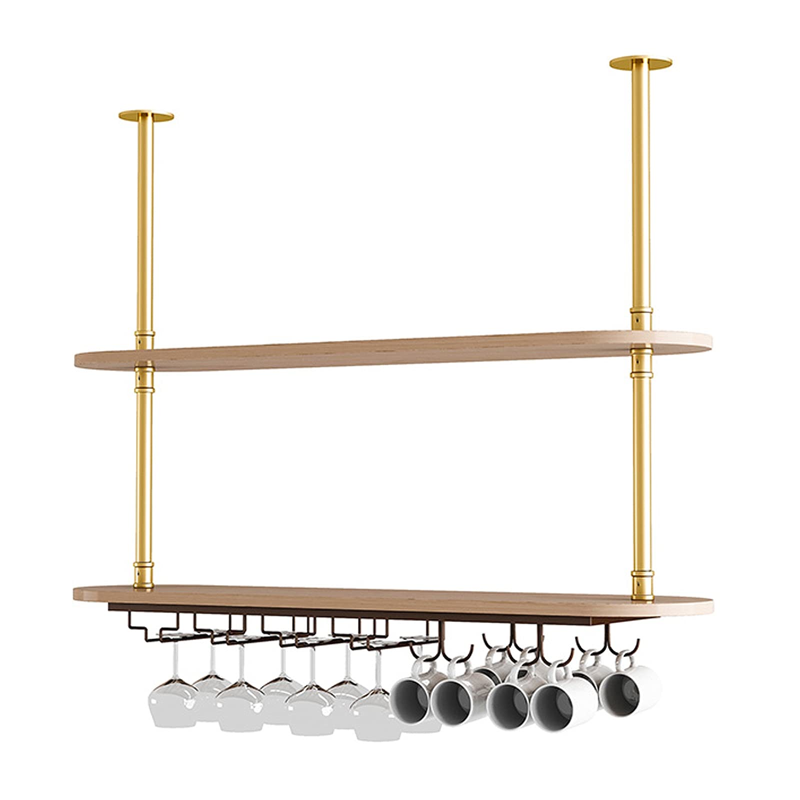 2-Tier Industrial Metal Ceiling Floating Wine Rack - Gold Hanging Storage Shelf for Wine Glasses, Red Wine Bottles, Plants & Home Decor | Perfect for Kitchen, Bar, Dining Room & Wine Cellar Organization