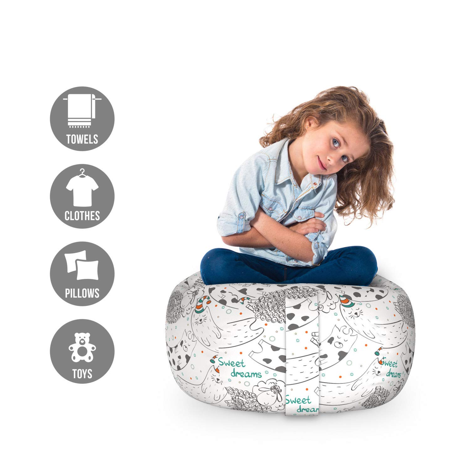 Ambesonne Cartoon Toy Storage Bag Chair - Washable Stuffed Animal Organizer with Sleeping Animals Doodle Design, Small Size in Grey Dark Seafoam | Perfect for Kids' Room, Nursery, and Playroom Organization