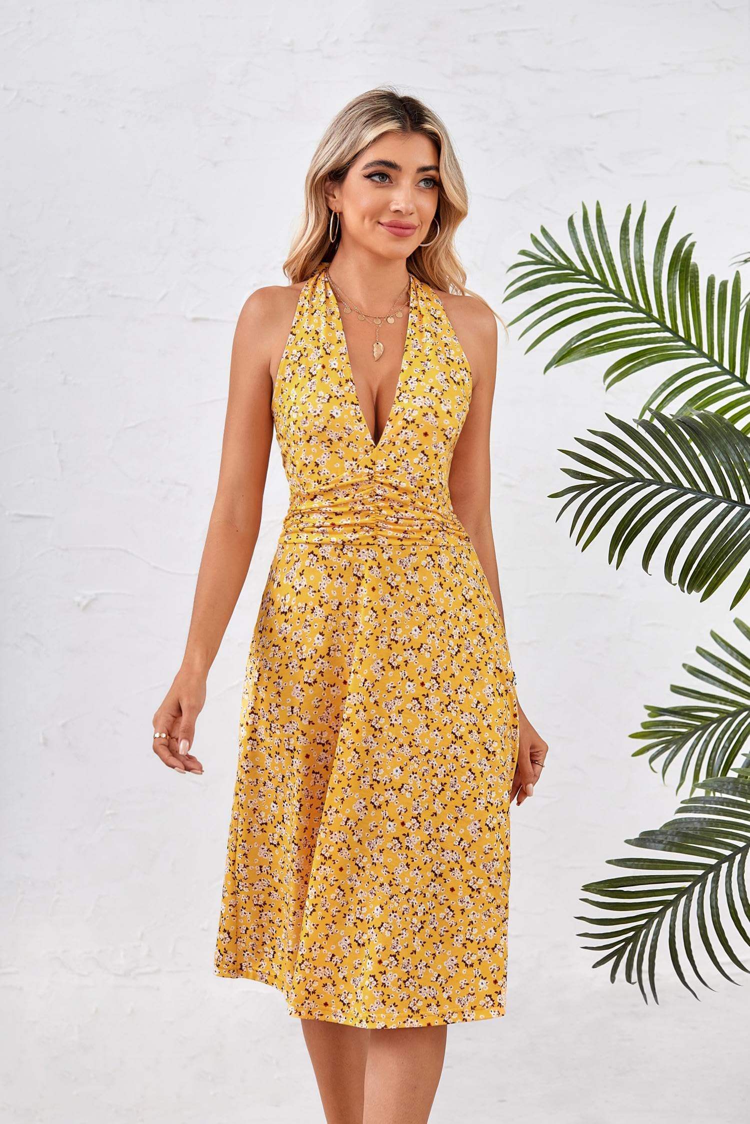 HUHOT Women's Summer Sundress - Sleeveless Halter Neck Floral Mini Dress with Pockets, Elastic Waist & Ruffle Trim | Perfect for Beach Vacation, Spring Outings & Summer Parties 2025