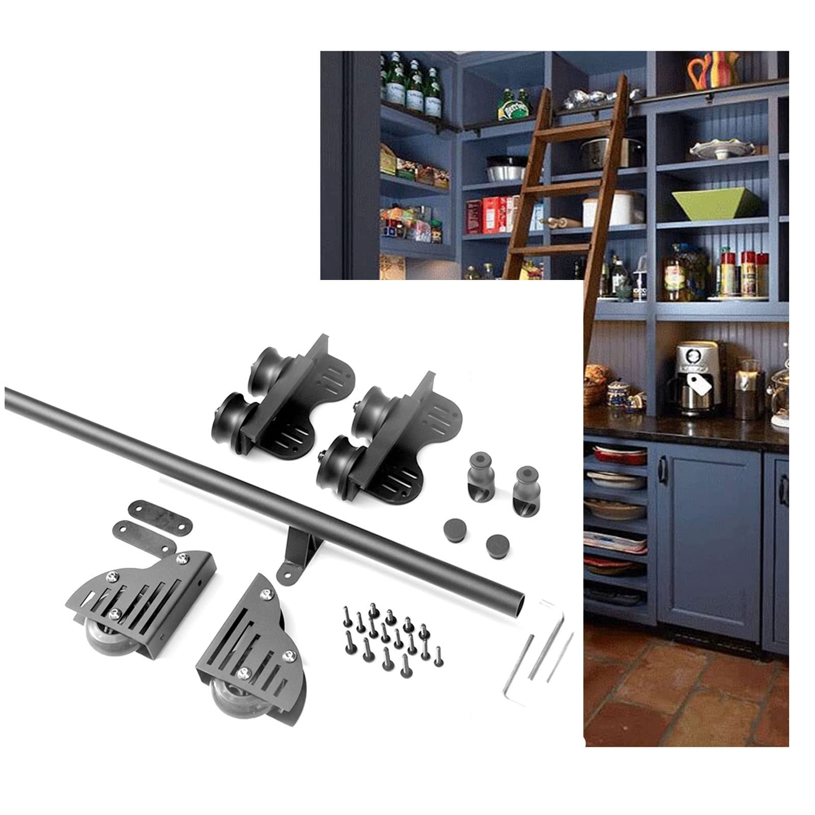 Retractable Rolling Ladder Kit with Floor Rollers & Round Tube Extension Tracks - Adjustable 3.3Ft to 20Ft (1-6m) for Loft, Library, Home, Barn & Sliding Doors - Heavy Duty Hardware for Safe Climbing & Space Saving Storage Solutions