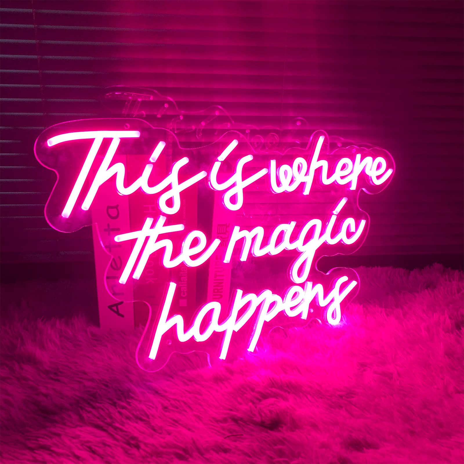 Custom LED Neon Sign - 'This is Where The Magic Happens' Wall Decor (27.5 Inch, Pink) | Personalized Birthday, Wedding & Christmas Gift for Bedroom, Bar, Home & Party Decorations
