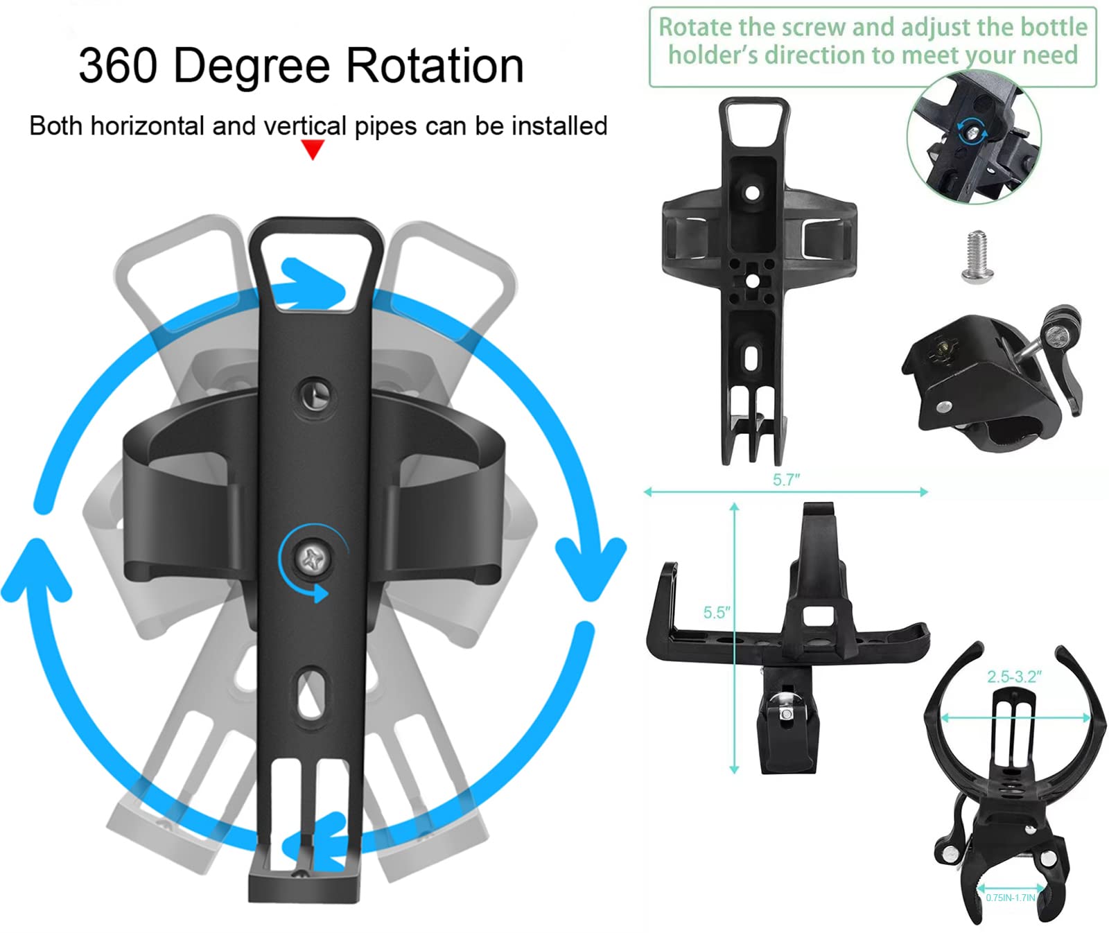 2 Pack Universal Bicycle Water Bottle Cage Holder - Adjustable 360° Rotating Bike Cup Mount for Mountain Bikes, Strollers & Walkers | Perfect for Cycling, Hiking & Outdoor Activities (Black)