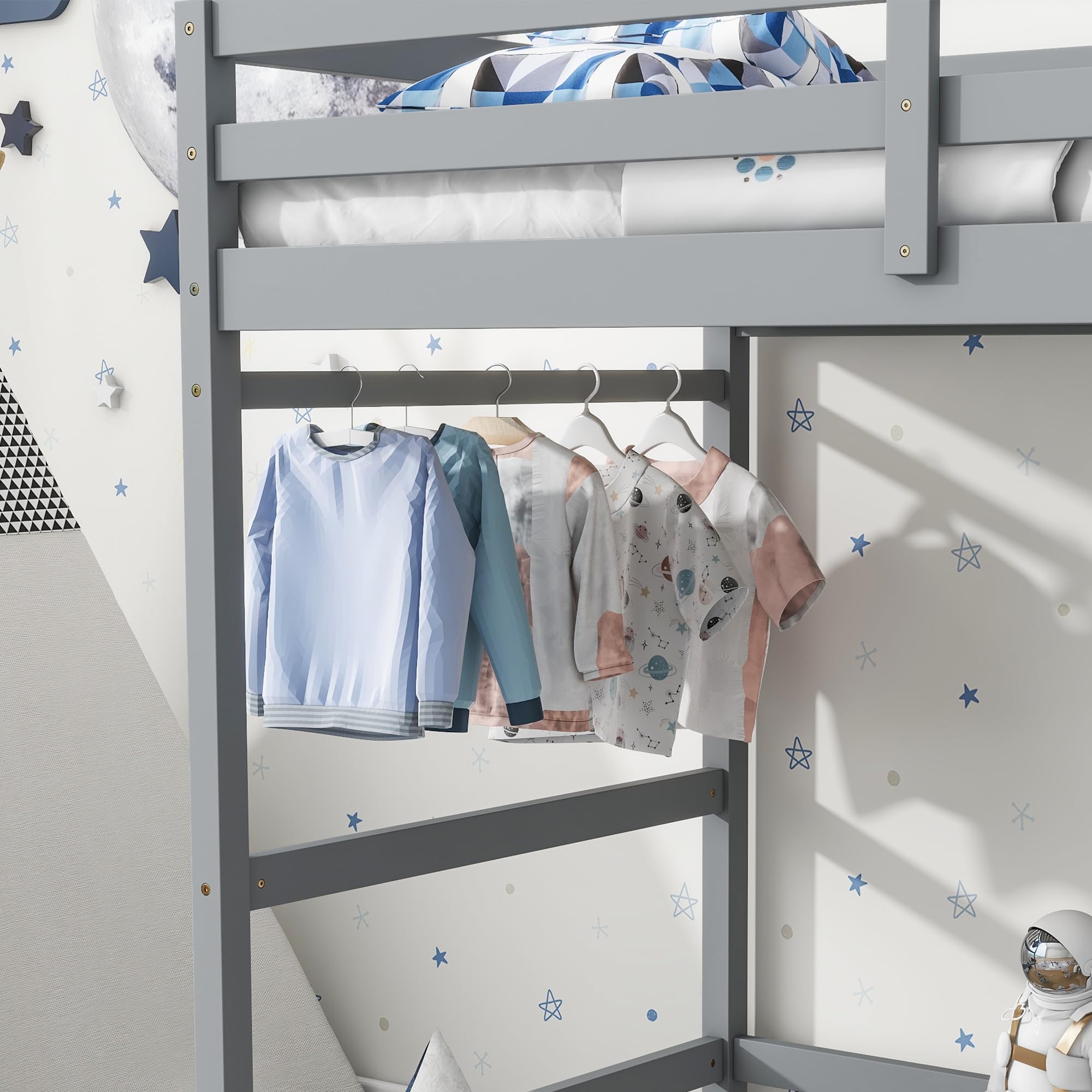 **Twin Size Wooden Loft Bed with Ladder, Guardrails & Landing Platform – Space-Saving High Loft Bed with Slats Support & Under-Bed Storage – No Box Spring Needed (Gray) – Perfect for Kids, Teens & Small Bedrooms**