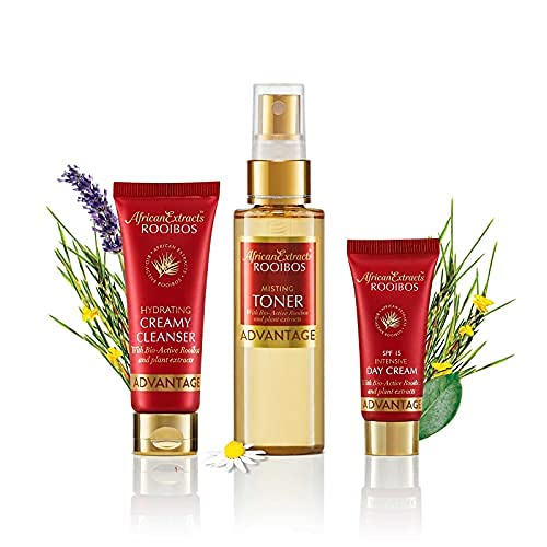 African Extracts Rooibos 3-Step Skin Care Starter Kit - Hydrating Creamy Face Cleanser, Misting Facial Toner & SPF 15 Day Cream | Natural Anti-Aging Routine for Dry & Sensitive Skin | Perfect for Morning & Night Skincare Regimen