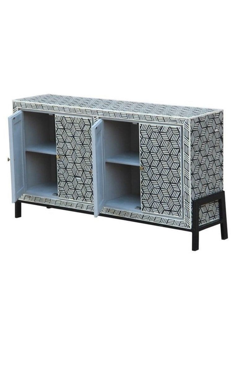 Handmade Bone Inlay Buffet Table with Geometric Pattern - 4 Door Sideboard Cabinet for Dining Room, Living Room & Entryway Storage