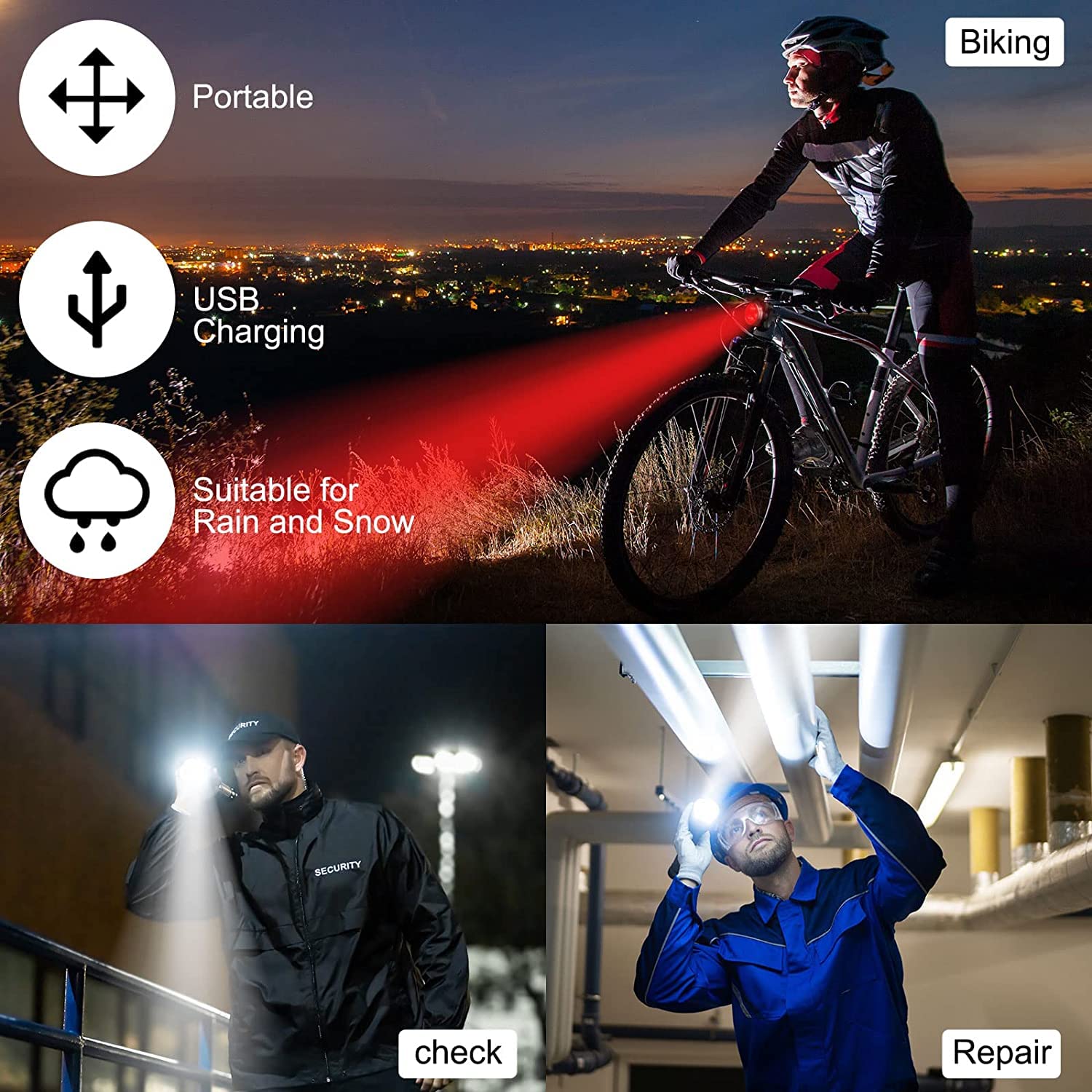 Super Bright Rechargeable Bike Light Set - 4 LED Lights for Cycling Safety