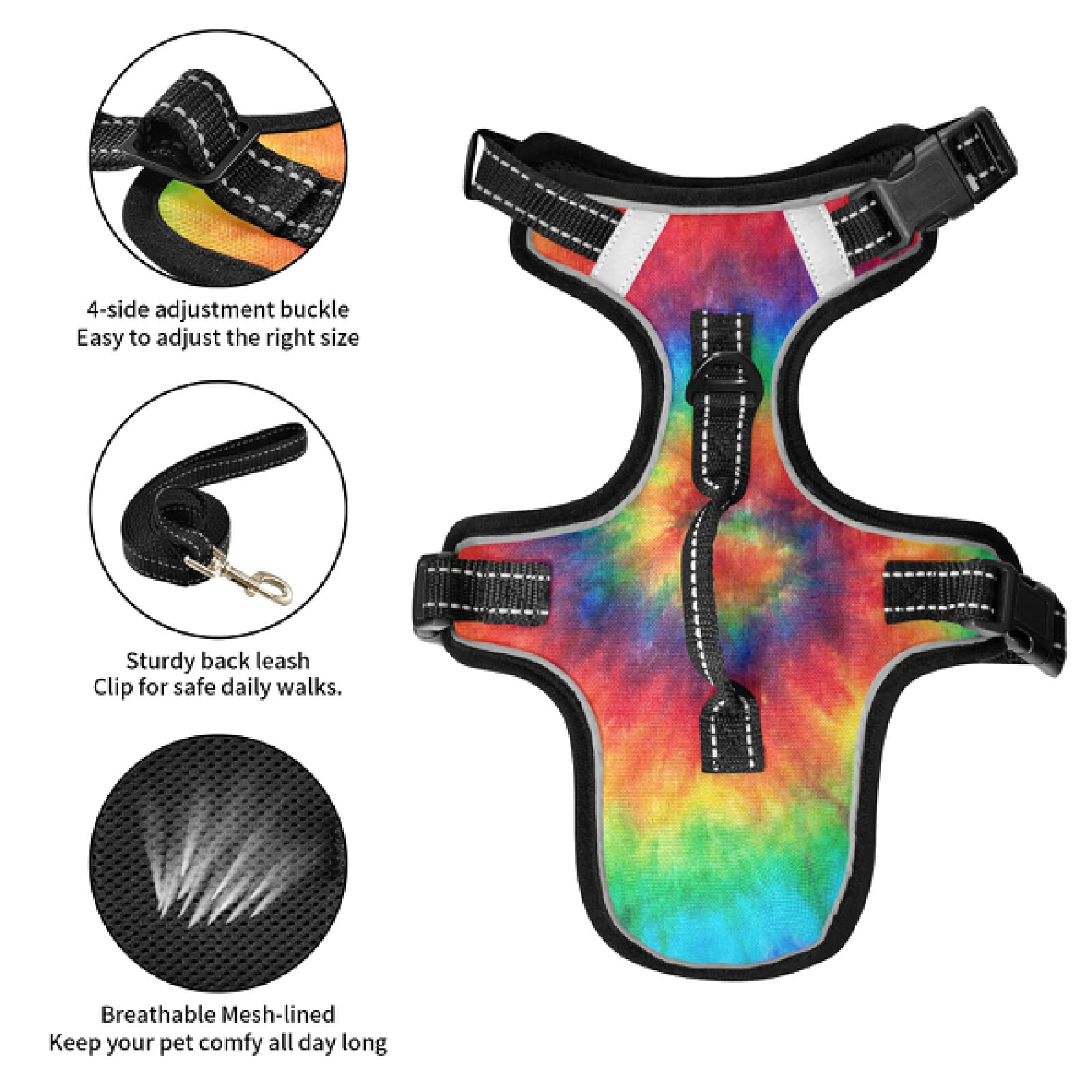 Xigua Tie Dye No Pull Dog Harness - Reflective Breathable Pet Vest with Nylon Handle for Small & Medium Dogs - Perfect for Walking, Running & Outdoor Adventures