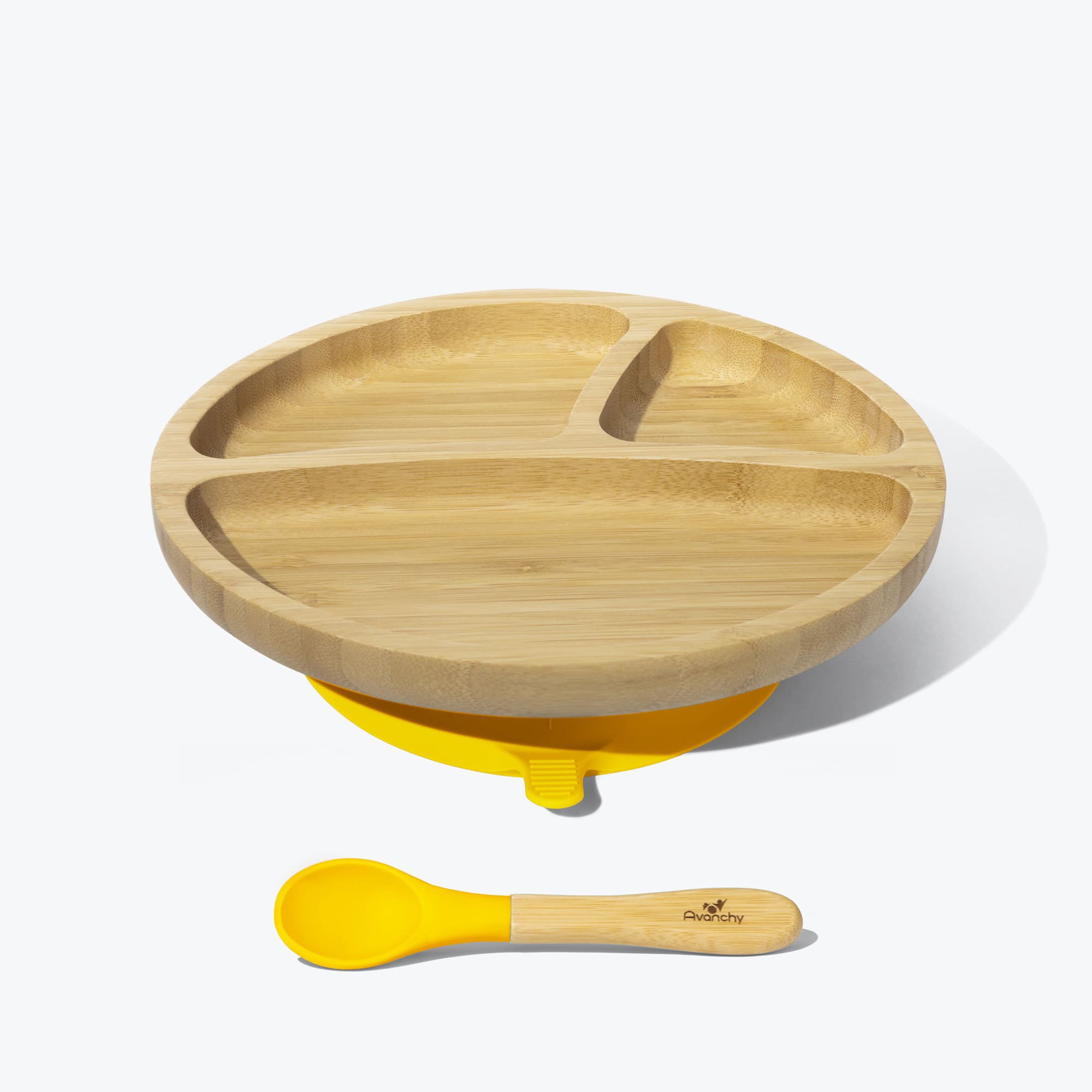 Avanchy Bamboo Suction Toddler Plate with Spoon - Eco-Friendly Baby Feeding Set in Yellow | Perfect for Mess-Free Mealtime at Home or Travel