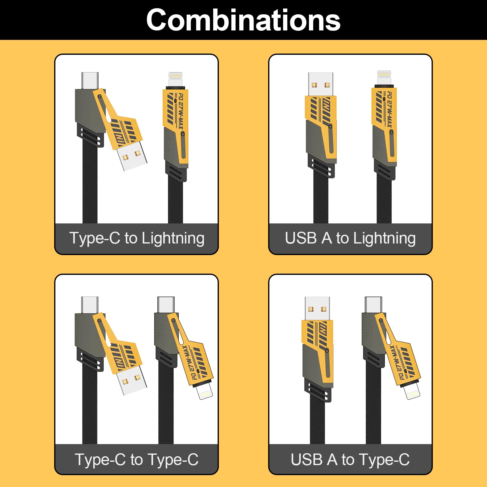 2-Pack 4-in-1 USB C to Lightning Cable - 65W Fast Charging 3.3ft Multi-Port Charger with USB C/Lightning/USB A for iPhone, Samsung Galaxy, iPad, Tablets - Perfect for Home, Office & Travel Charging
