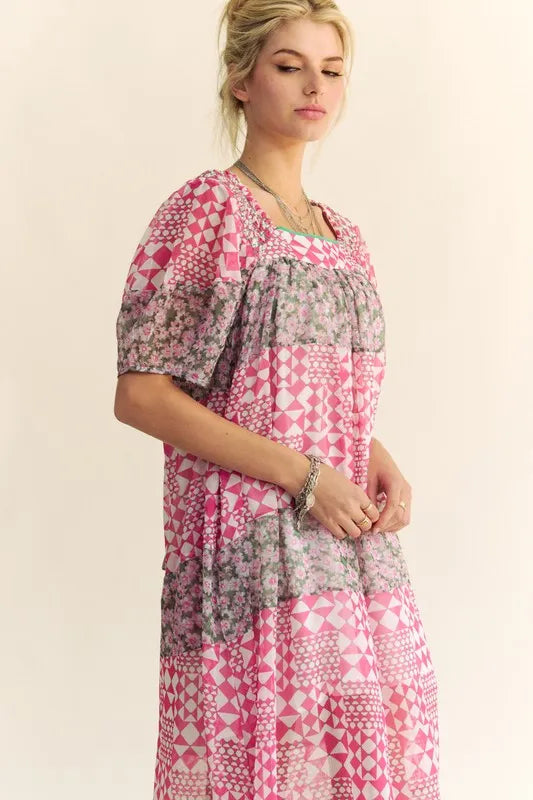 Floral Square Neck Puff Sleeve Maxi Dress for Women - Summer Boho Beach Wedding Guest Dress