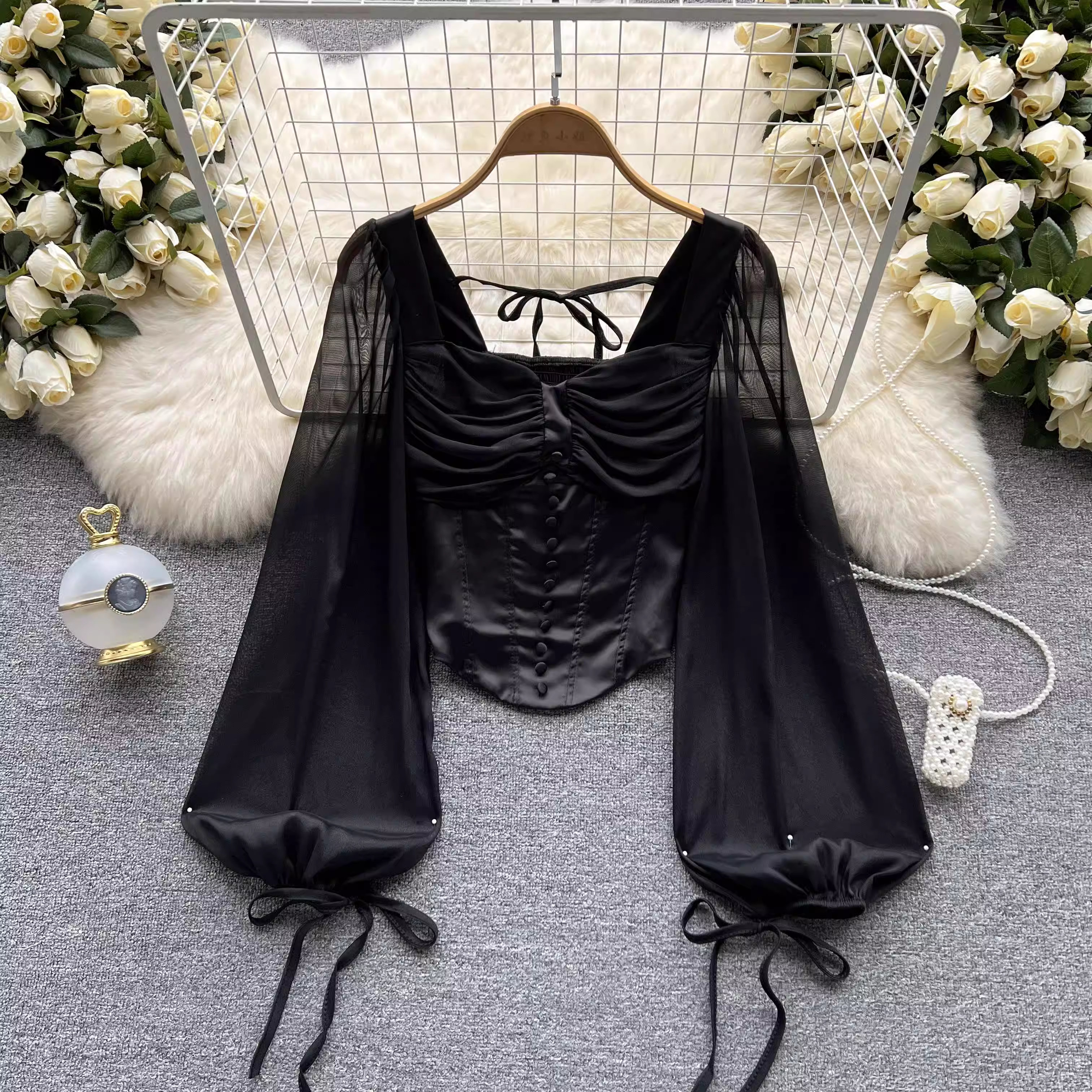 French Sweet Mesh Puff Sleeve Short Chiffon Blouse - Women's Elegant Summer Casual Top - Perfect for Date Night, Office Wear & Beach Cover-Up