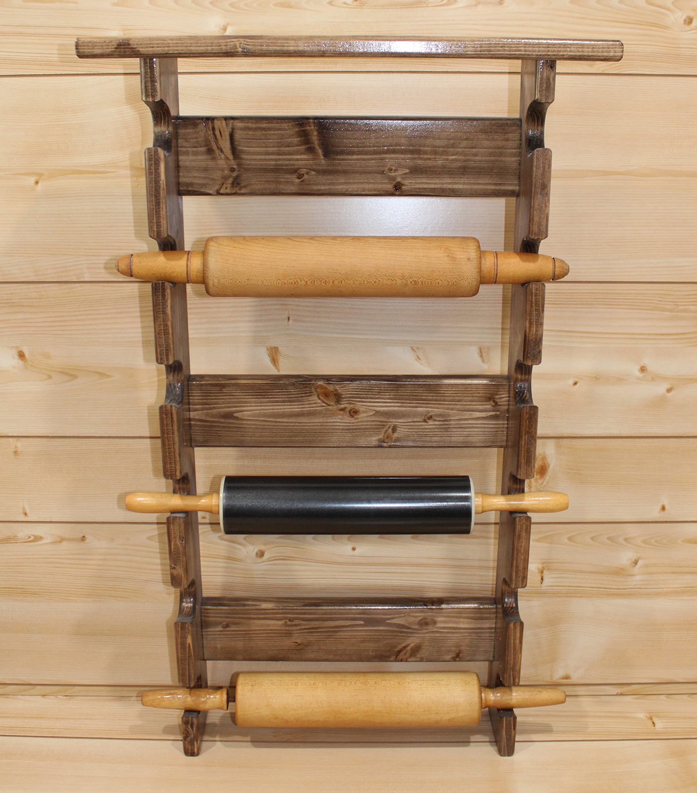 Provincial Style Rolling Pin Rack with Shelf - Wooden Rolling Pin Holder Organizer for 6 Pins - Kitchen Storage Solution for Baking Tools & Utensils - Perfect for Home Bakers & Professional Chefs
