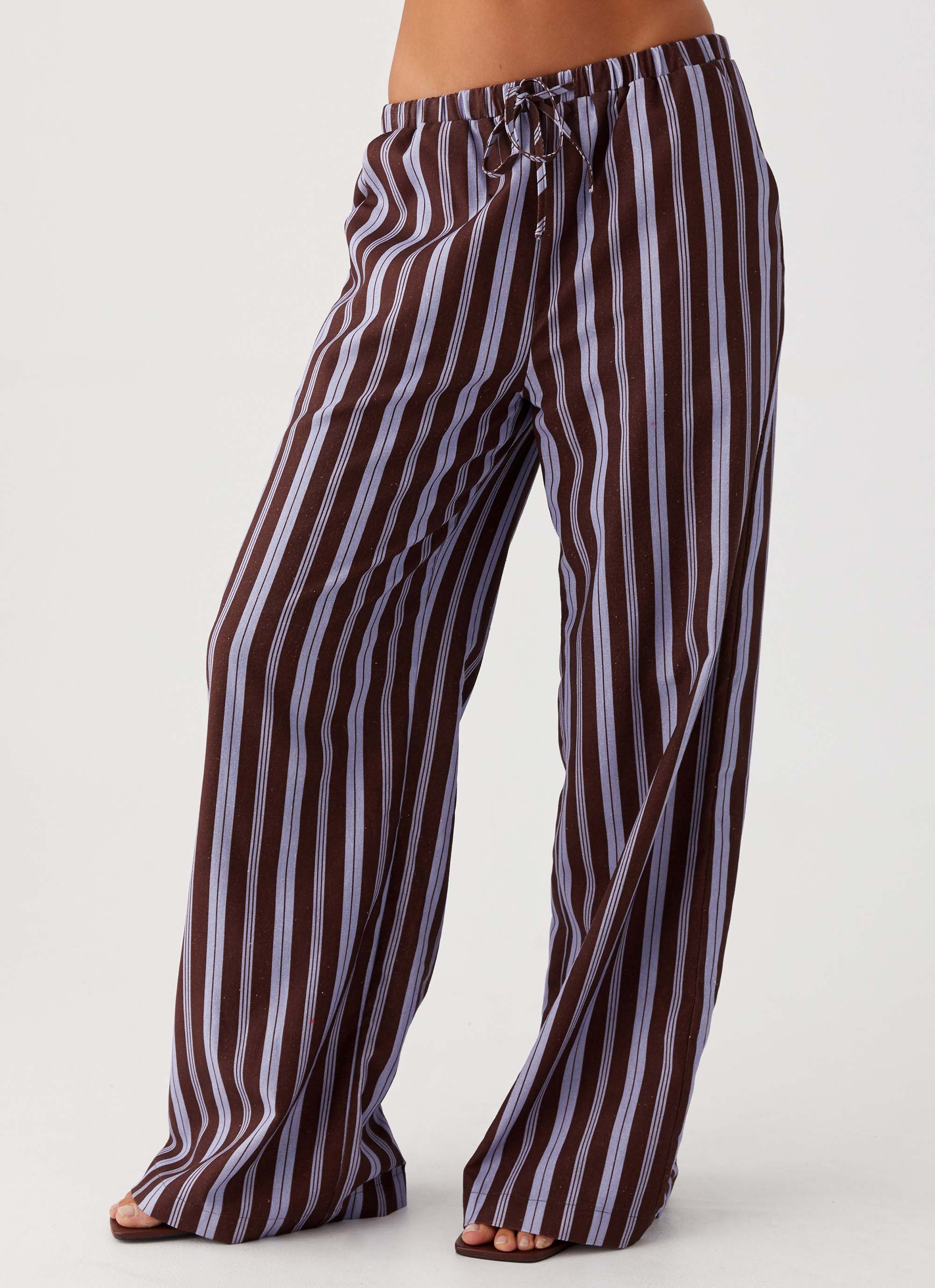 Fresh Face Linen Pants for Women - Soft & Breathable Purple Brown Striped Lounge Pants - Perfect for Yoga, Travel & Summer Comfort