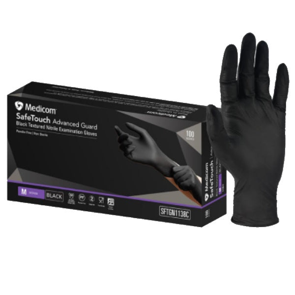 Medicom SafeTouch Nitrile Disposable Gloves - Black, Powder Free, Latex Free, 100 Pcs/Box - Ideal for Medical, Food Handling, Cleaning & Tattoo Use