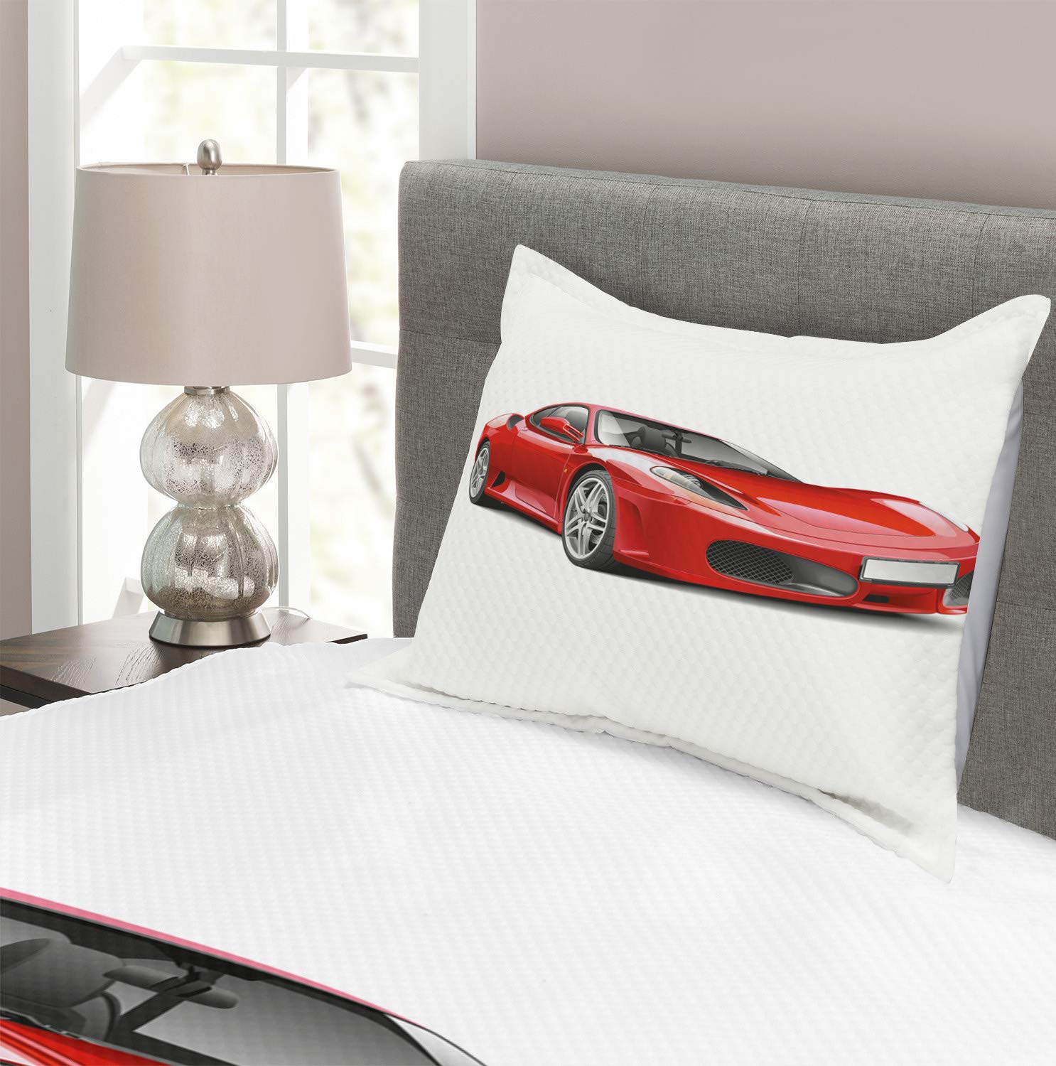 Ambesonne Modern Twin Size Bedspread Set - Italian Style Sports Car Illustration on Plain Backdrop, 3-Piece Decorative Bedding Coverlet with 2 Pillow Shams, Charcoal Grey & Red | Perfect for Car Enthusiasts' Bedrooms, Teen Boys' Room Decor, and Automotive-Themed Home Styling