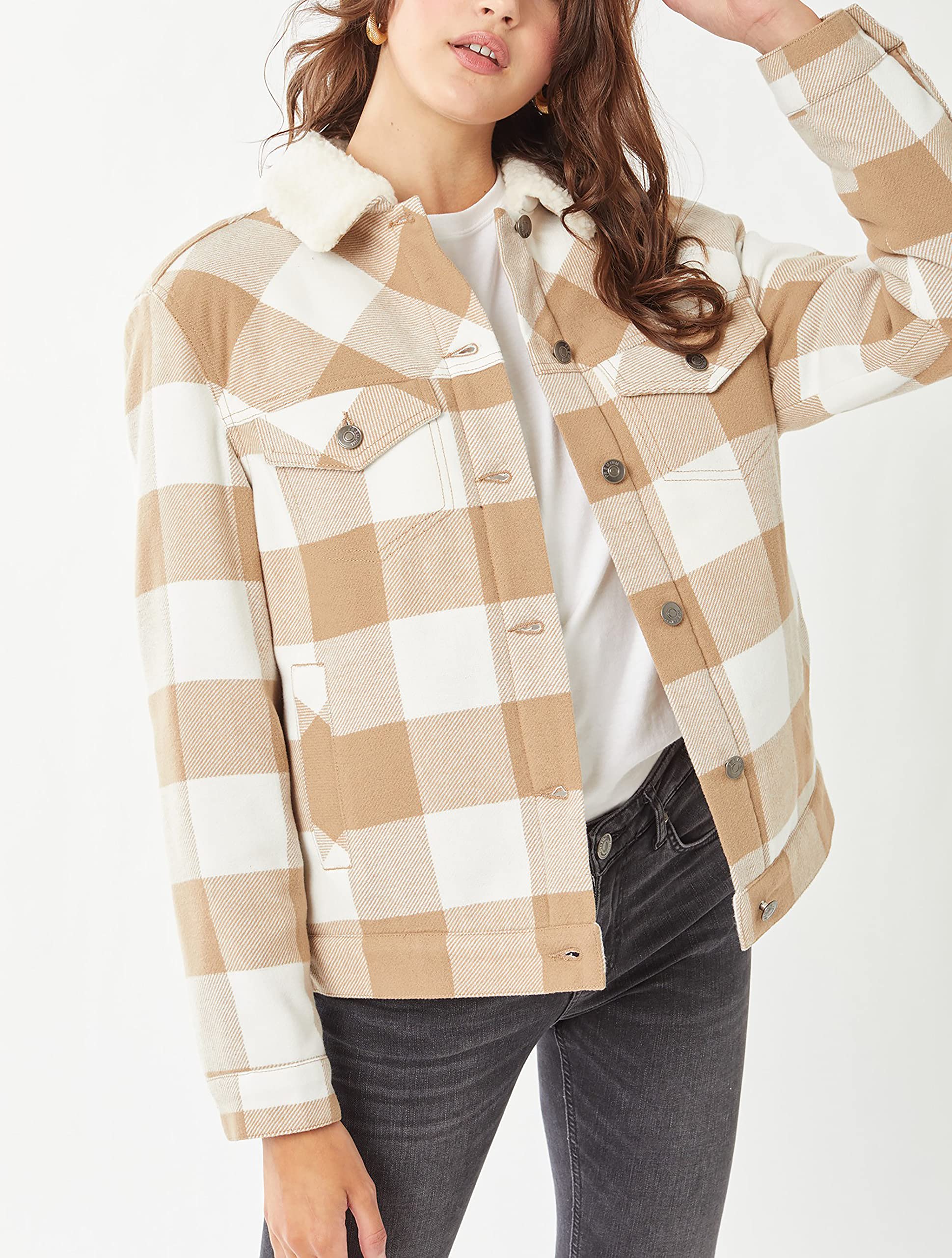 Women's Faux Fur Plaid Jacket - Warm Sherpa Fleece Button Down Coat for Winter | Cozy Outerwear for Casual Outings & Outdoor Activities