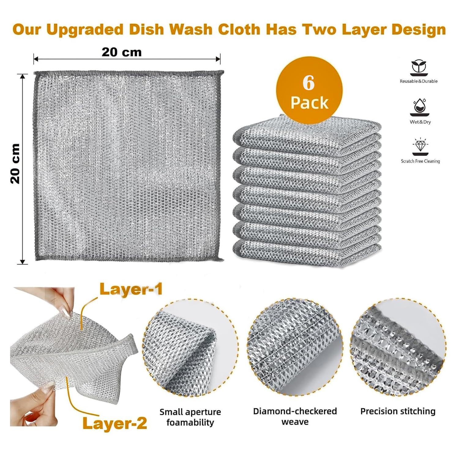 6 Pack Non-Scratch Double Layer Wire Dishcloths - Reusable Kitchen Cleaning Rags for Wet & Dry Use, Easy Rinse Dishwashing Cloths for Sinks, Countertops & Cookware (Multipurpose, Durable) - Perfect for Daily Dishwashing, Stain Removal & Household Cleaning
