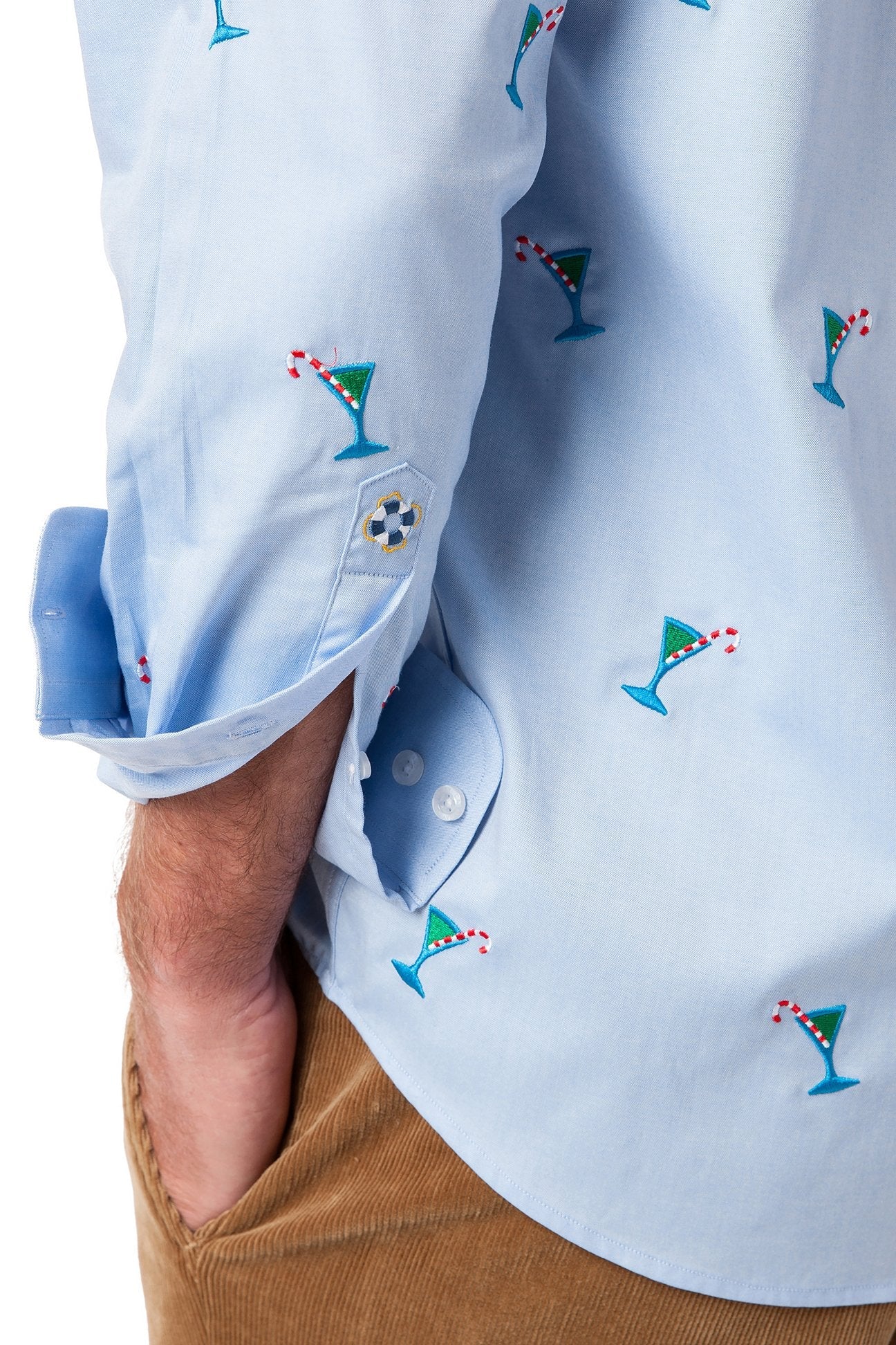 Straight Wharf Men's Blue Oxford Shirt with Martini Candy Cane Print | Casual Button Down Shirt for Office, Party & Holiday Wear