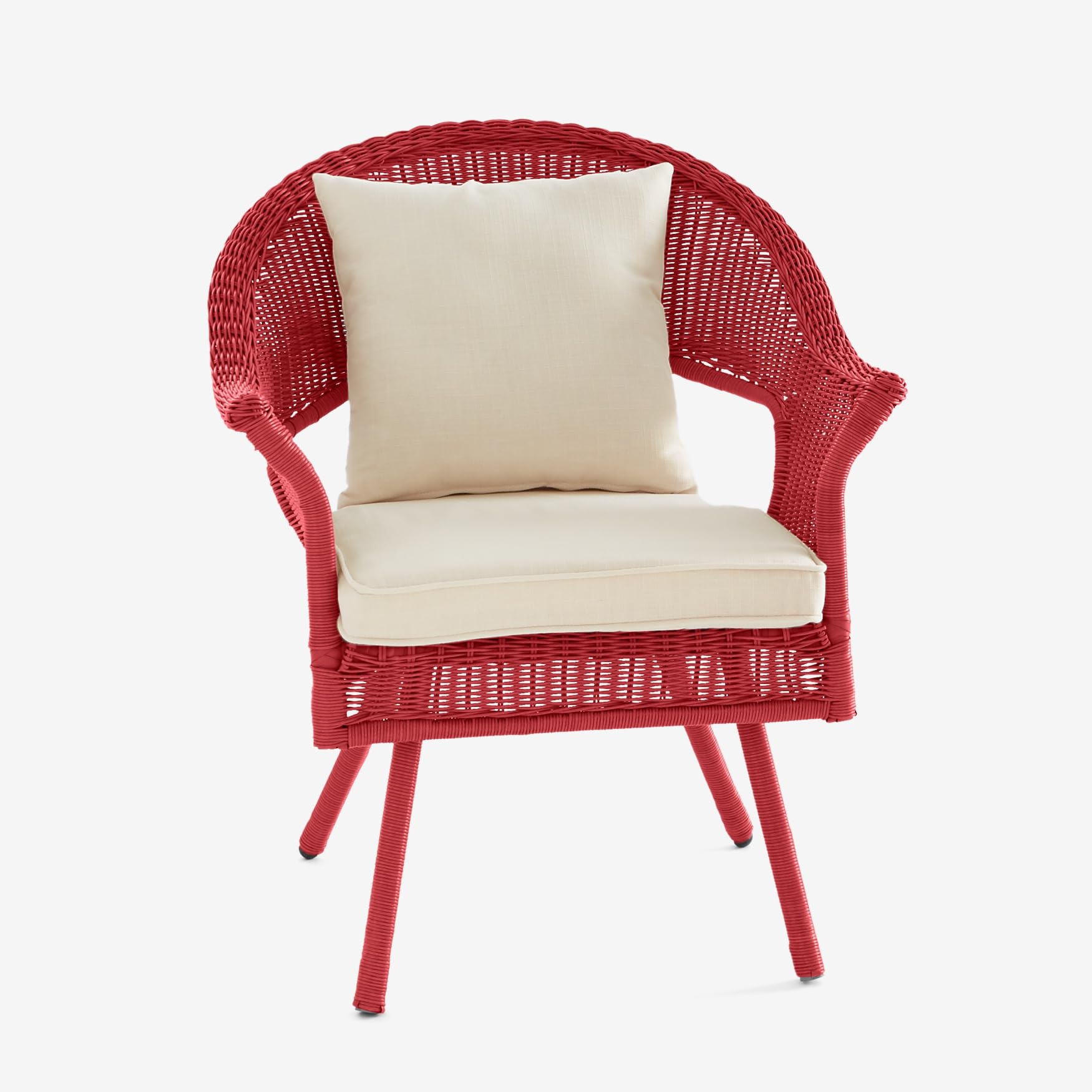 BrylaneHome Outdoor Weather Resistant Roma Hand-Woven Resin Wicker Stacking Chair with Free Cushions - 250 lb Capacity, Coral | Perfect for Patio, Backyard, Deck, Garden & Poolside Relaxation
