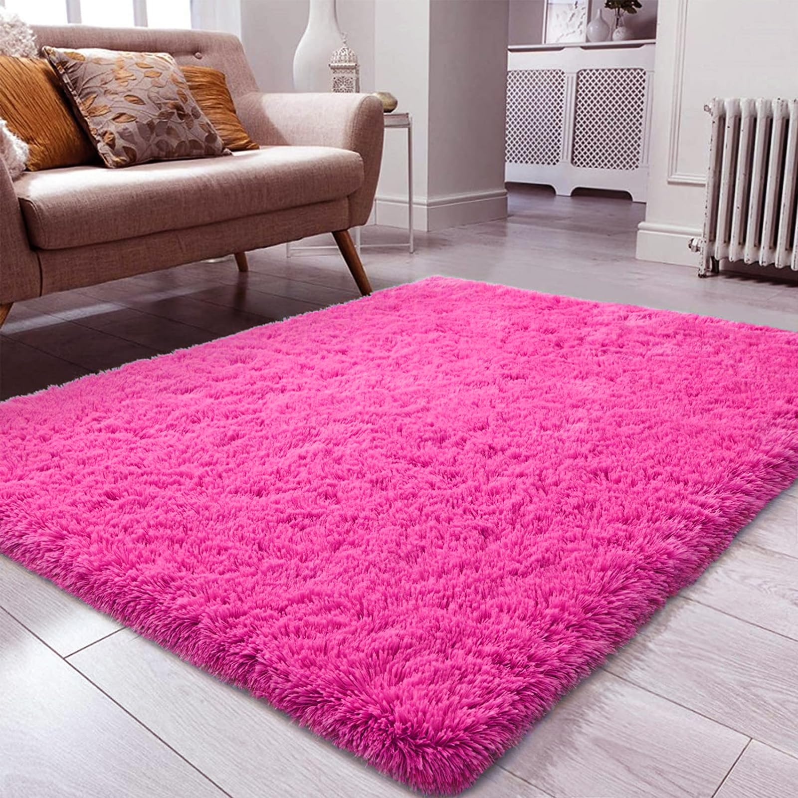Ompaa Fluffy Rug - Ultra Soft Fuzzy Area Rug 3' x 5' Large Plush Shag Carpet for Bedroom, Living Room, Nursery, Playroom & Dining Room Decor - Hot Pink - Perfect for Kids Play Areas & Cozy Home Flooring
