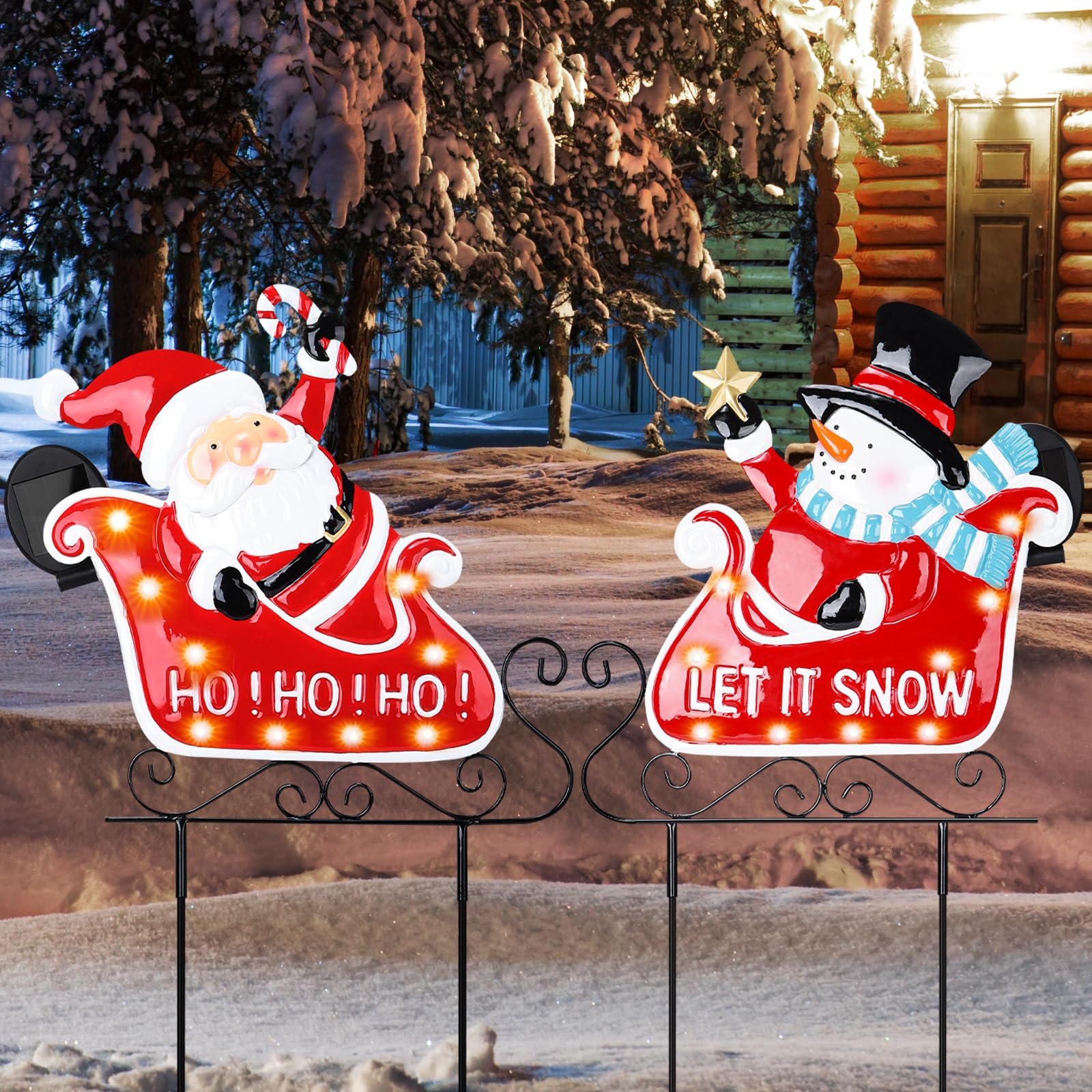 2 Pack Solar LED Christmas Yard Decorations - Santa Claus & Snowman Sleigh Metal Stakes for Outdoor Garden, Lawn, Pathway | Perfect for Holiday Displays, Winter Parties & Festive Home Decor