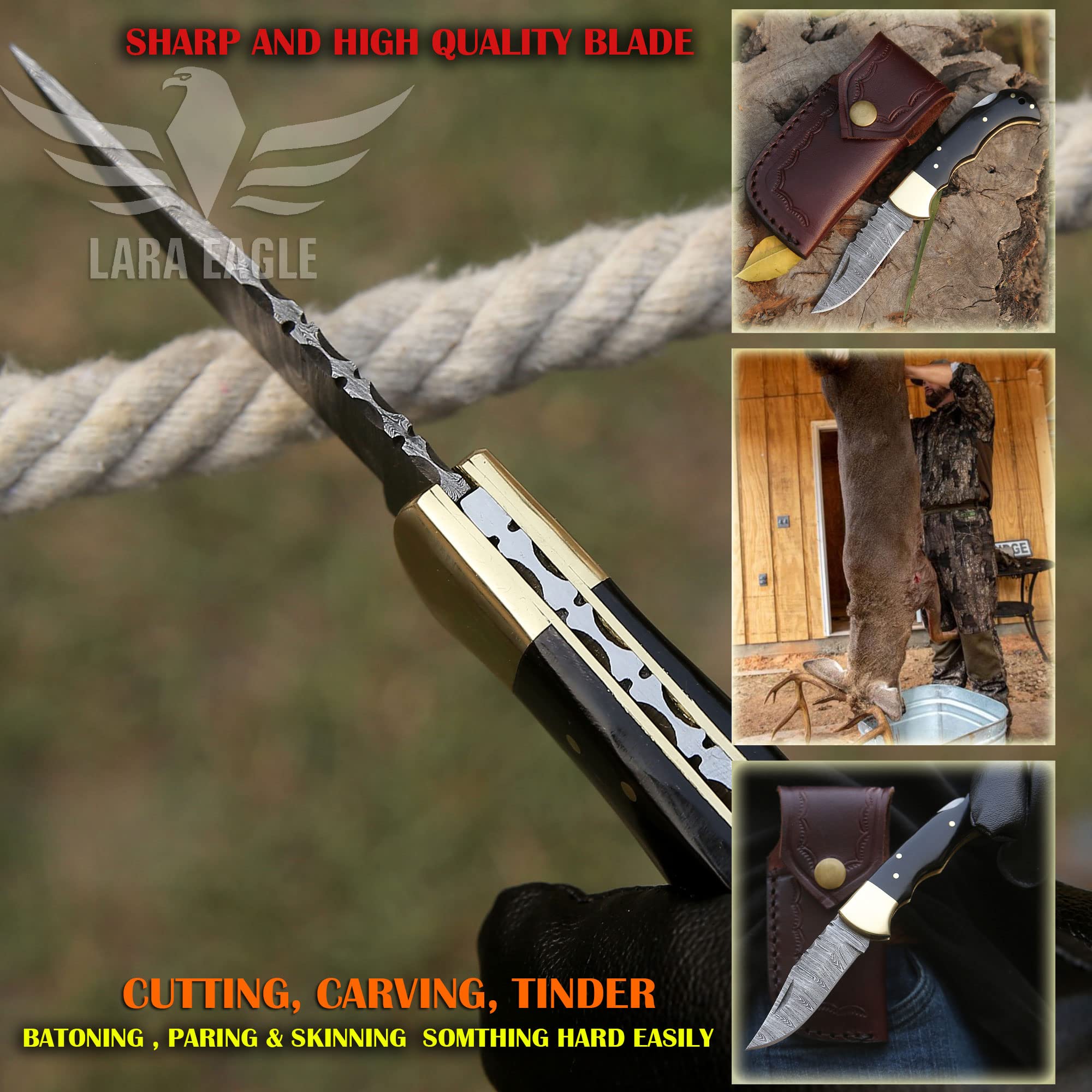 Premium Damascus Pocket Knife for Men - 133 Layer High Carbon Steel Handcrafted Folding Hunting Knife with Sharpener & Leather Sheath - Perfect Outdoor Survival Tool for Camping, Hunting, Hiking - Ideal Father's Day Gift for Husband, Dad (Buffalo Horn Handle) - Great for Bushcraft, Fishing, and Everyday Carry (EDC)
