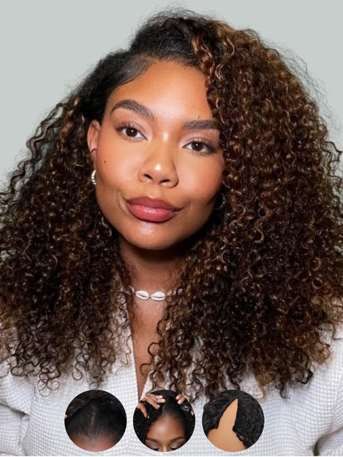 Sunber EasiContour V Part Human Hair Wig - Ombre Chestnut Brown Curly Glueless Wig | 180% Density No Sew-in V-Shape Clip | Beginner Friendly 16 Inch Ready-to-Wear Wig for Daily Use & Special Occasions