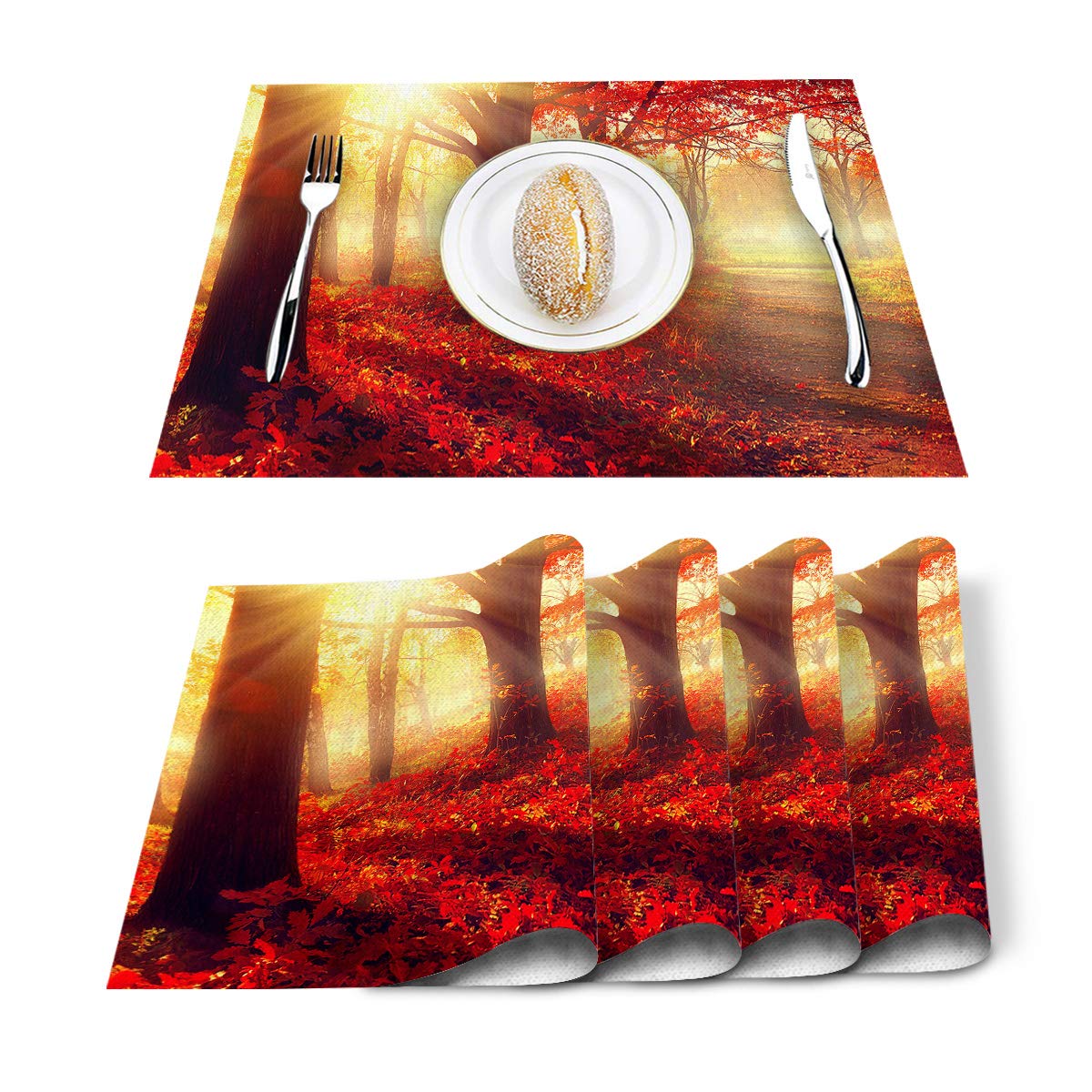 Autumn Maple Leaf Placemats Set of 4 - Cotton Linen Heat Resistant Table Mats, Non-Slip Washable Placemats for Holiday Banquet, Dining & Kitchen Table Decor - Perfect for Thanksgiving, Christmas Dinner & Fall Home Decor