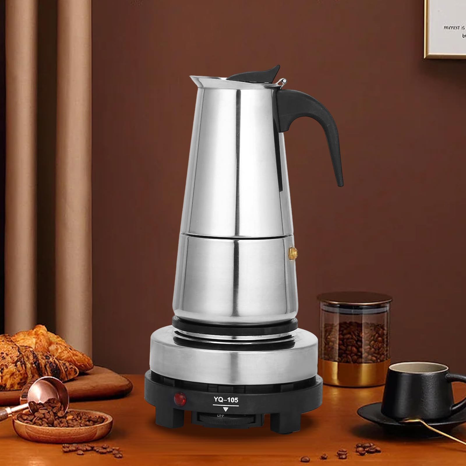 6 Cup Moka Pot for Electric Stove - 300ml Italian Espresso Maker, Stainless Steel Stovetop Coffee Brewer (110V) - Perfect for Home, Office & Camping Coffee Brewing