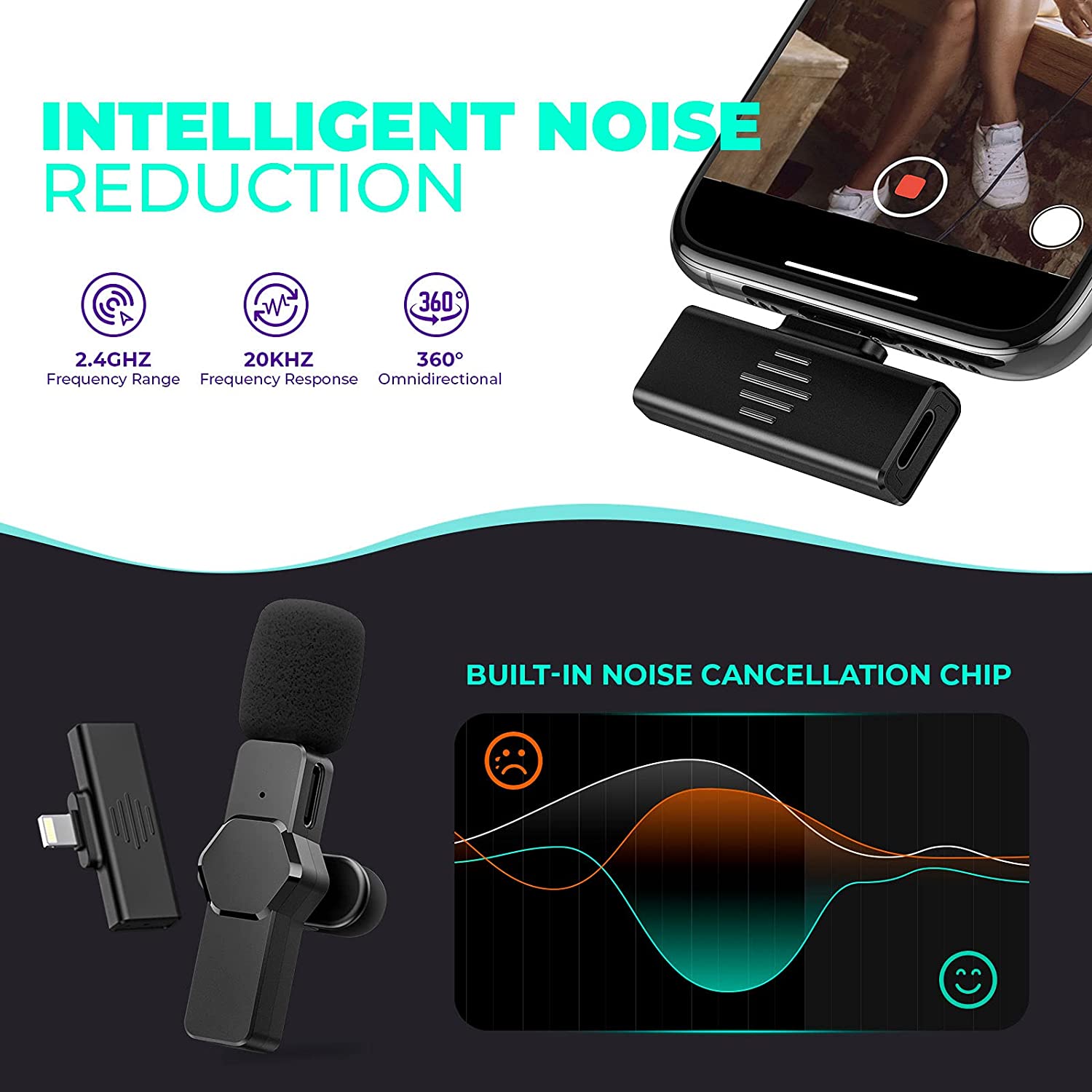 M6 Wireless Lavalier Microphone for iPhone Android - Clip-on Omnidirectional Condenser Mic with Noise Reduction for YouTube, TikTok, Vlogging, Podcasting, Interviews & Live Streaming