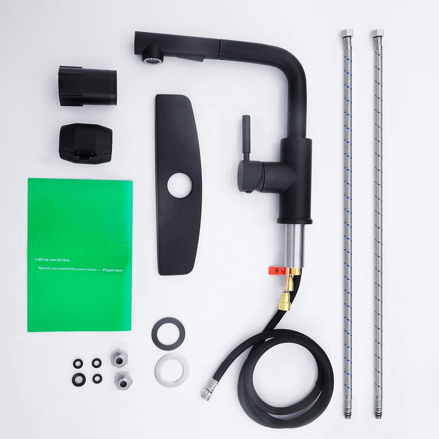 Modern Matte Black Kitchen Sink Faucet with Pull Down Sprayer, Single Lever Low Profile Design, Ideal for Small Spaces and Contemporary Kitchens