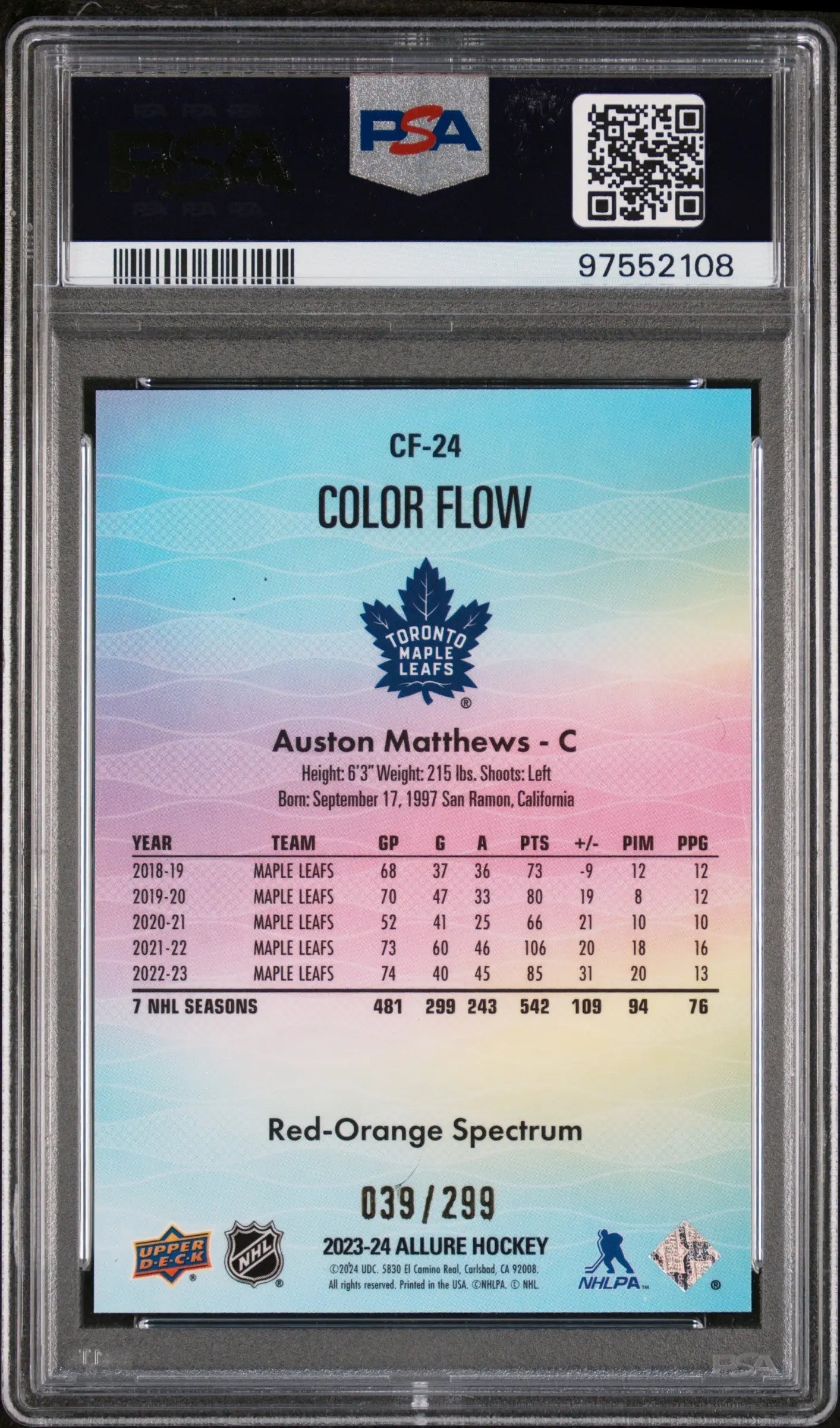 2023 UD Allure Color Flow Red/Orange Spectrum Auston Matthews PSA 10 039/299 Hockey Trading Card - Rare Collectible for Sports Memorabilia Enthusiasts & Investment