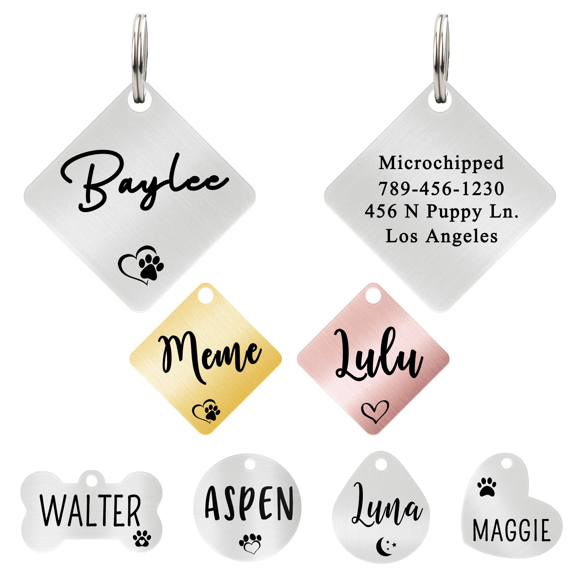 Custom Engraved Stainless Steel Dog ID Tag - Personalized Pet Name Tag with Diamond Design for Small Medium Large Dogs - Durable Brushed Silver Metal Collar Tag for Daily Walks, Travel & Safety Identification