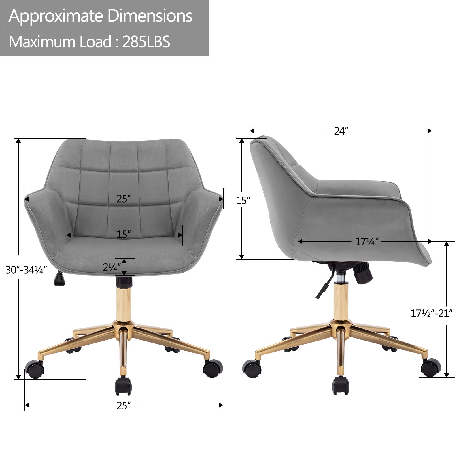 DUHOME Modern Velvet Office Chair with Gold Metal Base - Mid Back Ergonomic Computer Desk Chair with Adjustable Arms, Wheels & Swivel - Perfect for Home Office, Gaming & Workspace (Grey Velvet)