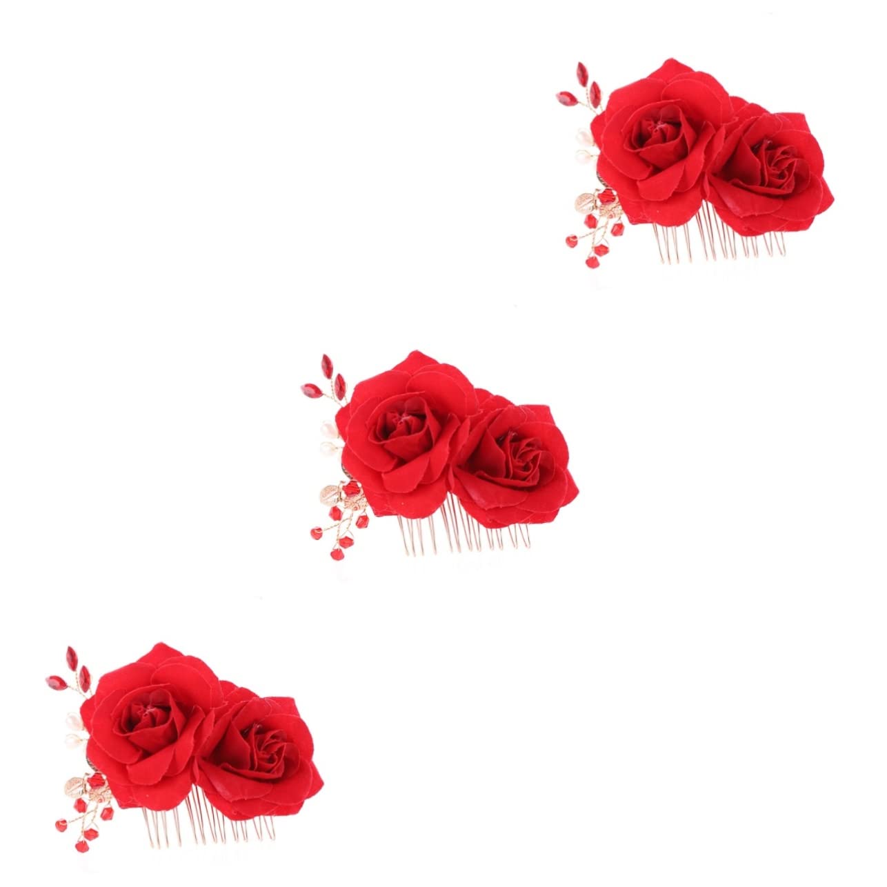 FRCOLOR 3-Piece Bridal Hair Accessories Set - Pearl & Rose Hair Clips with Plastic Teeth Combs for Women | Wedding, Prom, Party Headpieces (Red Metal Rose Design)