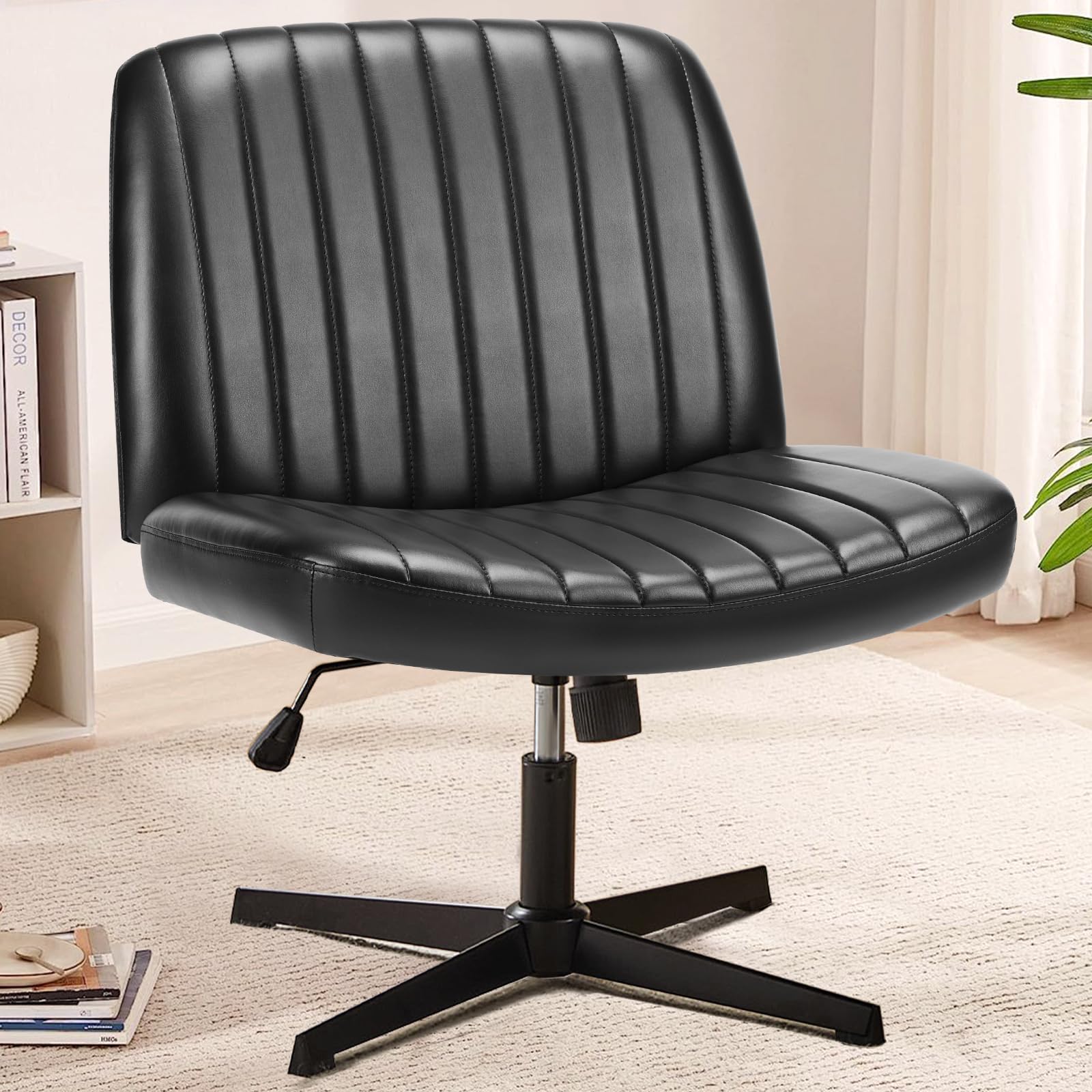 Sweetcrispy Cross Legged Office Chair - Armless Wide Desk Chair Without Wheels, Adjustable Swivel Home & Vanity Chair for Small Spaces | Perfect for Home Office, Study Room & Dressing Table