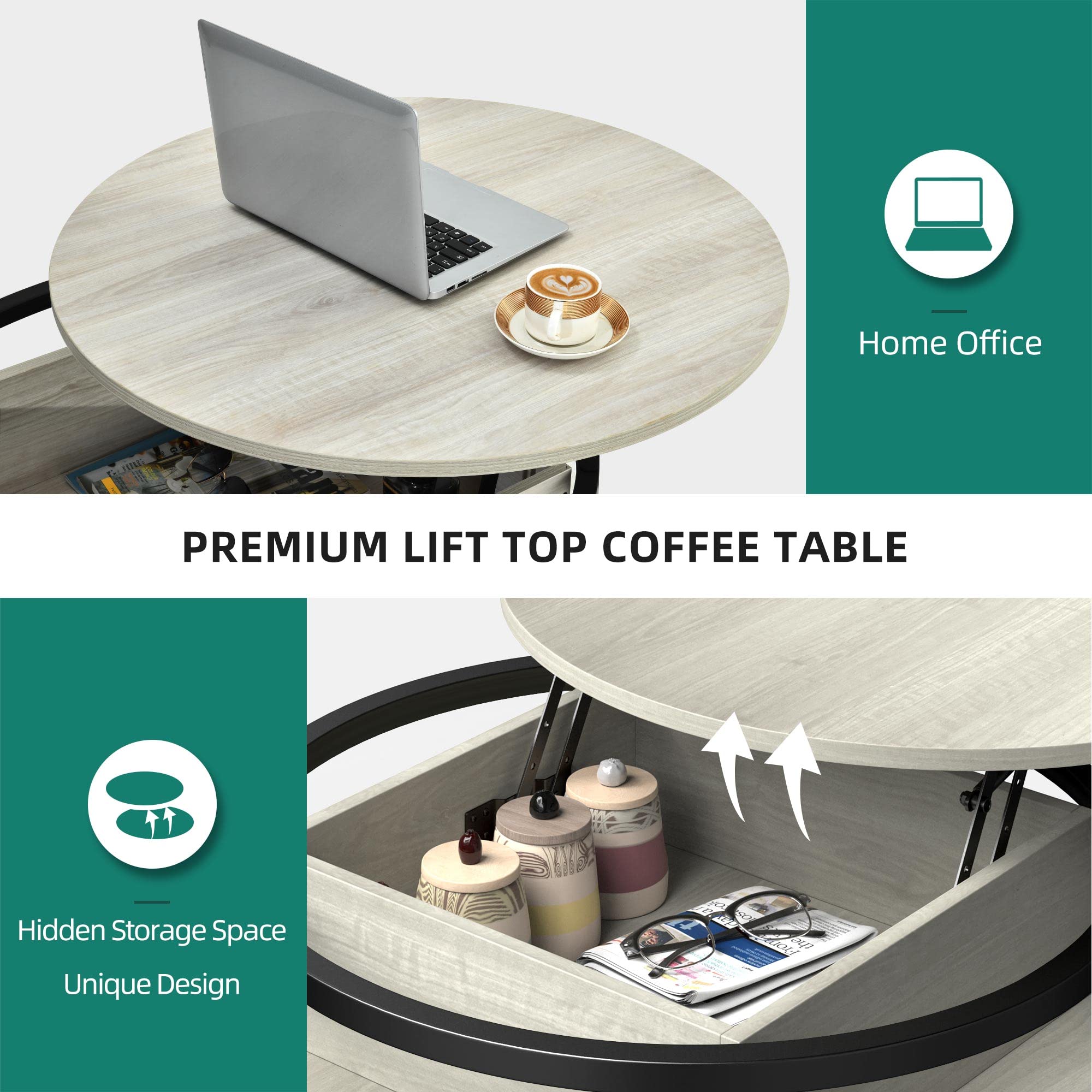 YITAHOME Round Lift Top Coffee Table with Hidden Storage - Modern Living Room Center Table in White Oak for Home Office & Small Spaces | Perfect for Entertaining, Storage & Workspace